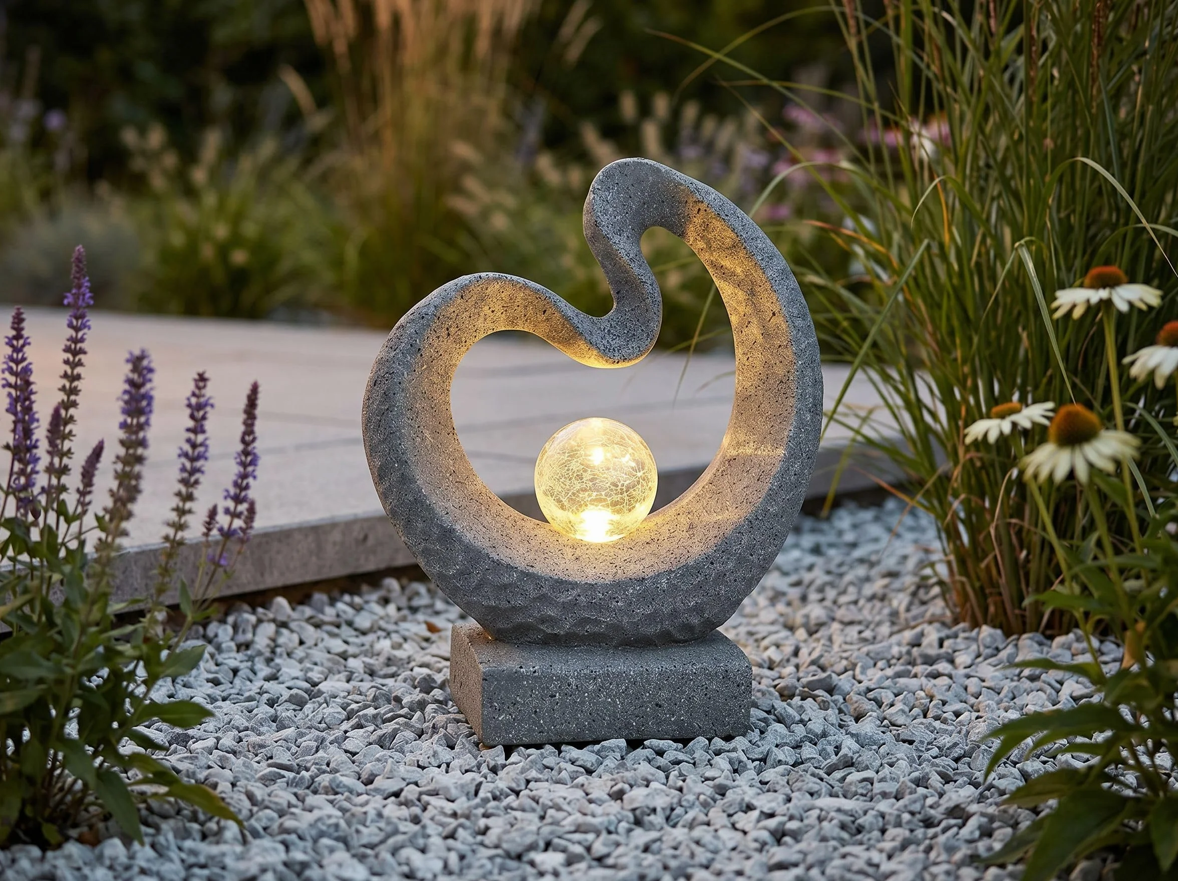 Arnusa Lampa solarna rzeźba granitu 33,5 x 39 cm figurka ogrodowa ze szklaną kulką ciepła biel