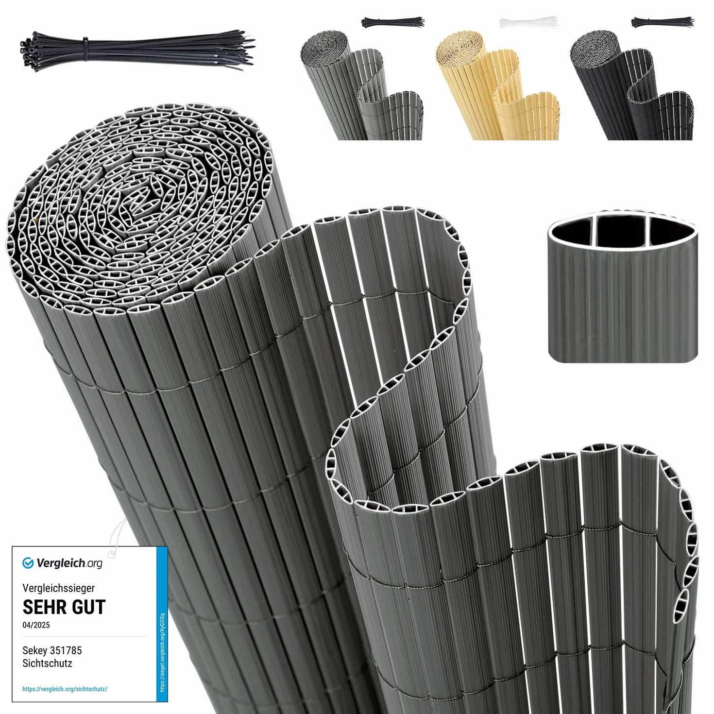 Sekey kratka PVC, siatka maskująca z opaskami kablowymi, ochrona prywatności na balkon, ogród, wzmocnione podwójne listwy, odporne na warunki atmosferyczne, 100 x 500 cm, szary