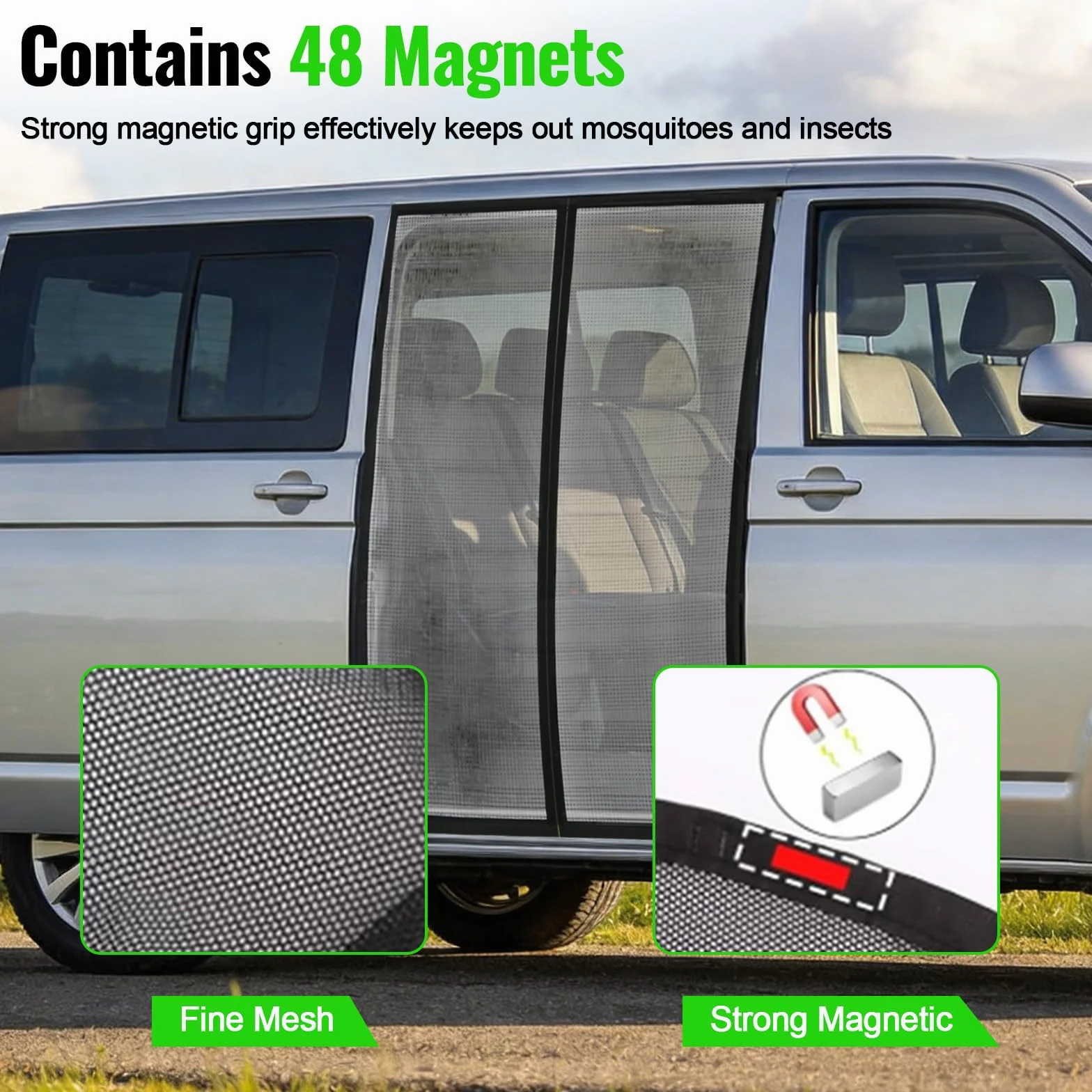 Moskitiera magnetyczna do VW T5 T6 drzwi przesuwnych, 145 x 115 cm, moskitiera samochodowa, ochrona przed owadami i słońcem, moskitiera samochodowa na kemping (drzwi boczne)