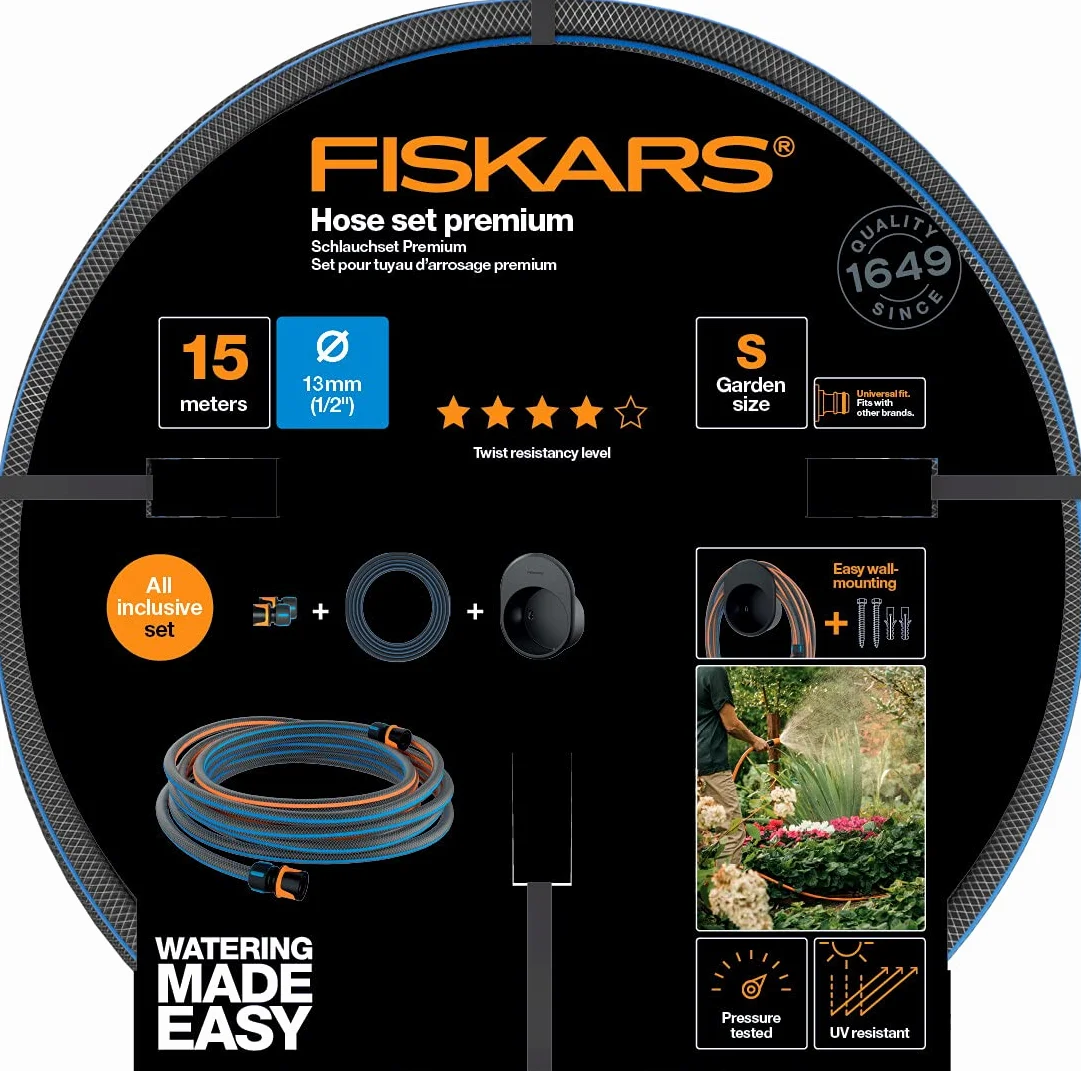 Fiskars Zestaw do podlewania 15 m ø 1,3 cm (1/2'') z szybkozłączami i uchwytem naściennym