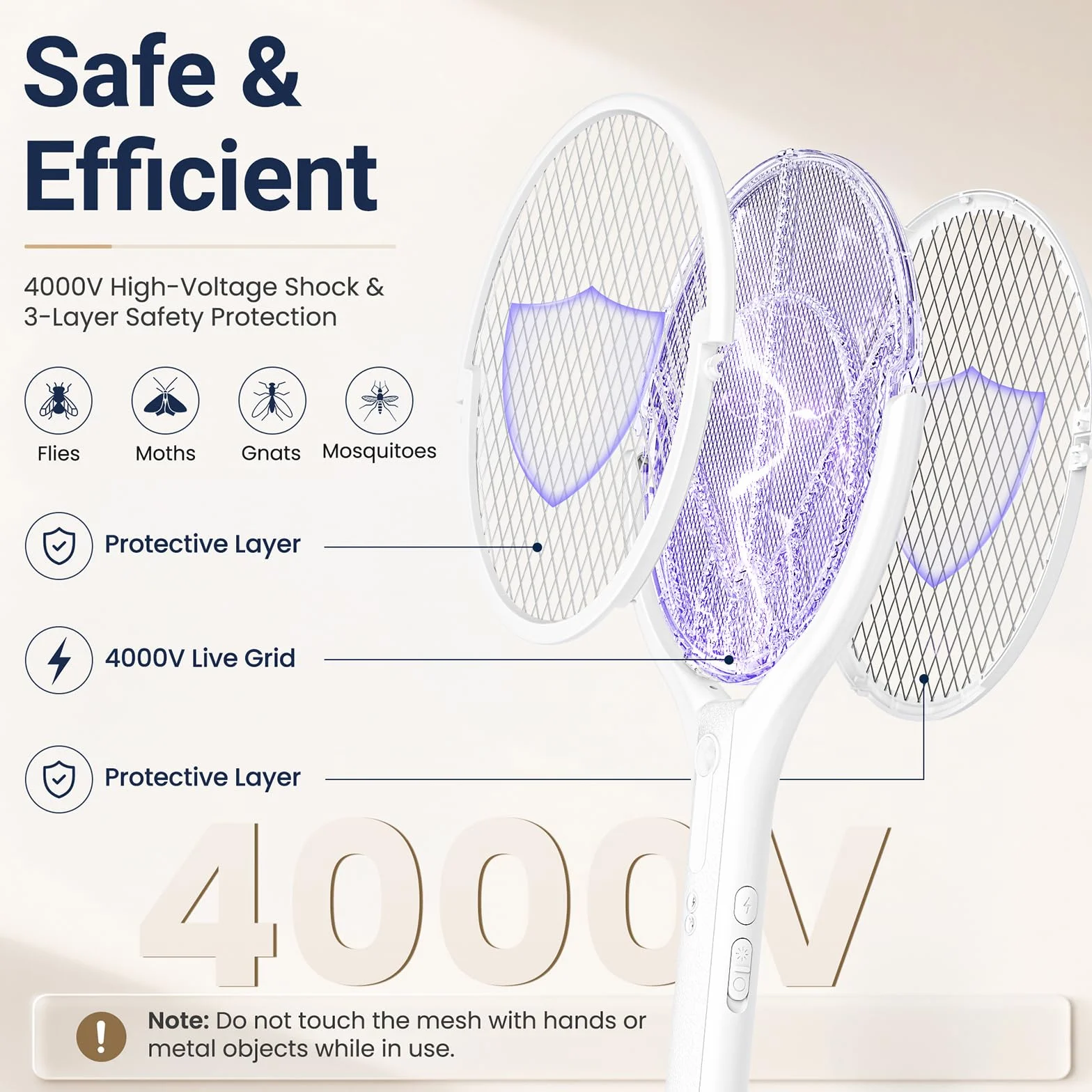 Elektryczna Pakła na Muchy Extra Mocna 4000V z Wysuwaną Rączką i Obracaną Głowicą, 1800mAh 2w1 Elektryczna Rakieta na Komary Fioletowe Światło Lampa na Moskity, do Wewnątrz i Na Zewnątrz
