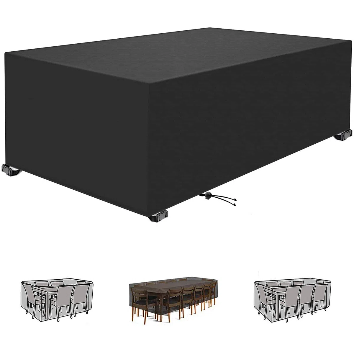 Wodoodporny pokrowiec na meble ogrodowe 380 x 180 x 85 cm, prostokątny, odporny na promieniowanie UV, tkanina Oxford 420D, ochrona na zewnątrz, ze sznurkiem, na stół i krzesła tarasowe