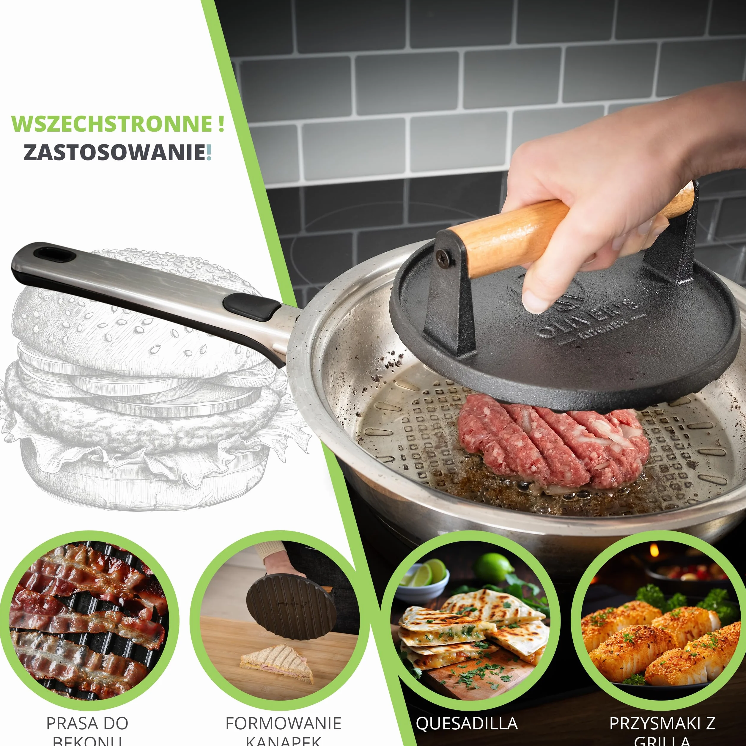 Oliver's Kitchen ® Prasa do Burgerów - Wysokiej Jakości, Wytrzymała, Żeliwna Praska do Hamburgerów - Ręczna Prasa do Mięsa z Wygodnym Uchwytem i Nieprzywierającą Powłoką - Idealne Domowe Burgery
