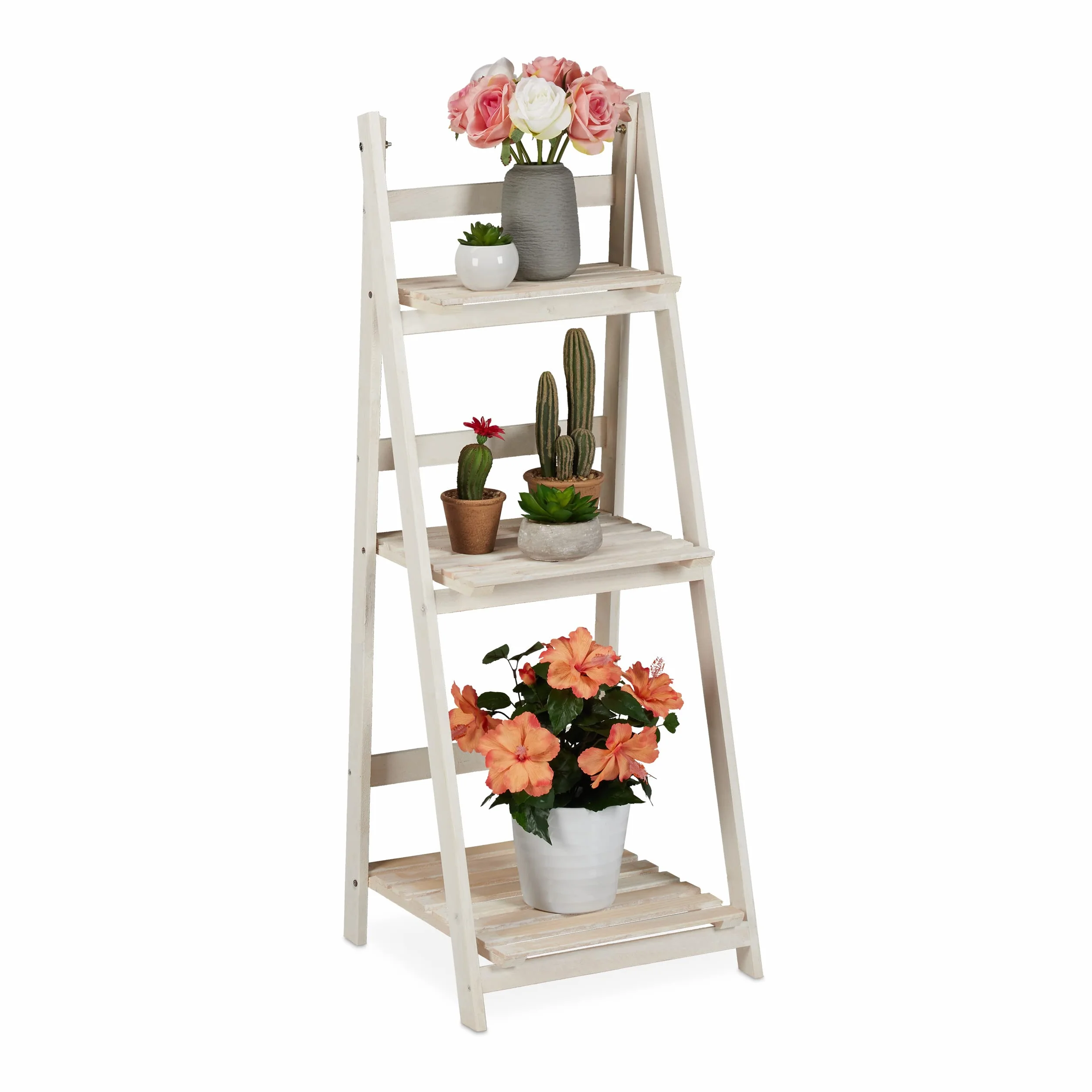 Schody na kwiaty Relaxdays, do wnętrz i na balkon, styl shabby chic, wolnostojące, 3 stopnie, białe