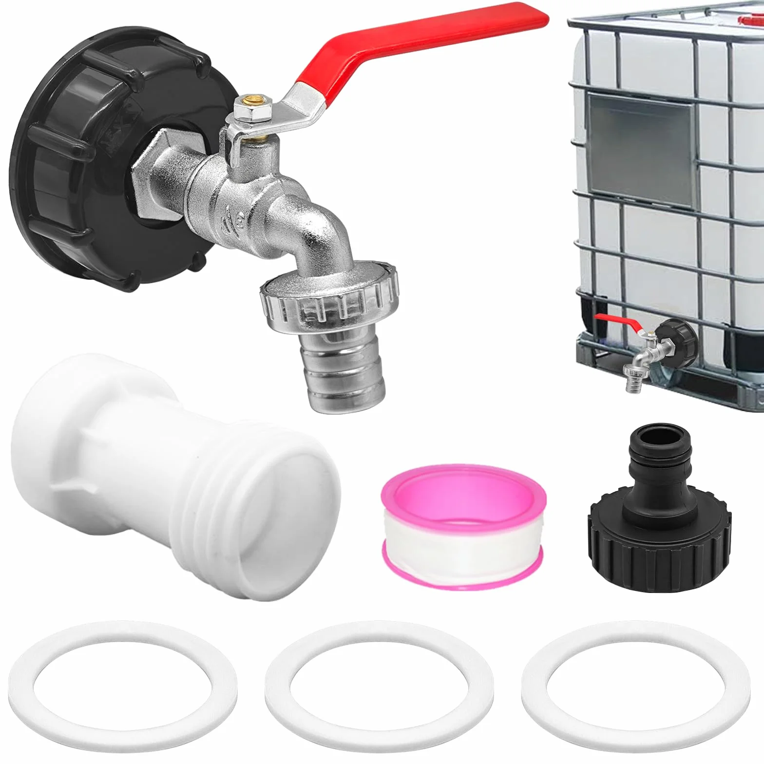 Akcesoria do zbiornika IBC, 1000 l, zawór spustowy zbiornika IBC (3/4"), przedłużacz S60 x 6, gwint gruboziarnisty 1000 l, do zbiornika na wodę deszczową 1000 l, beczka na deszczówkę