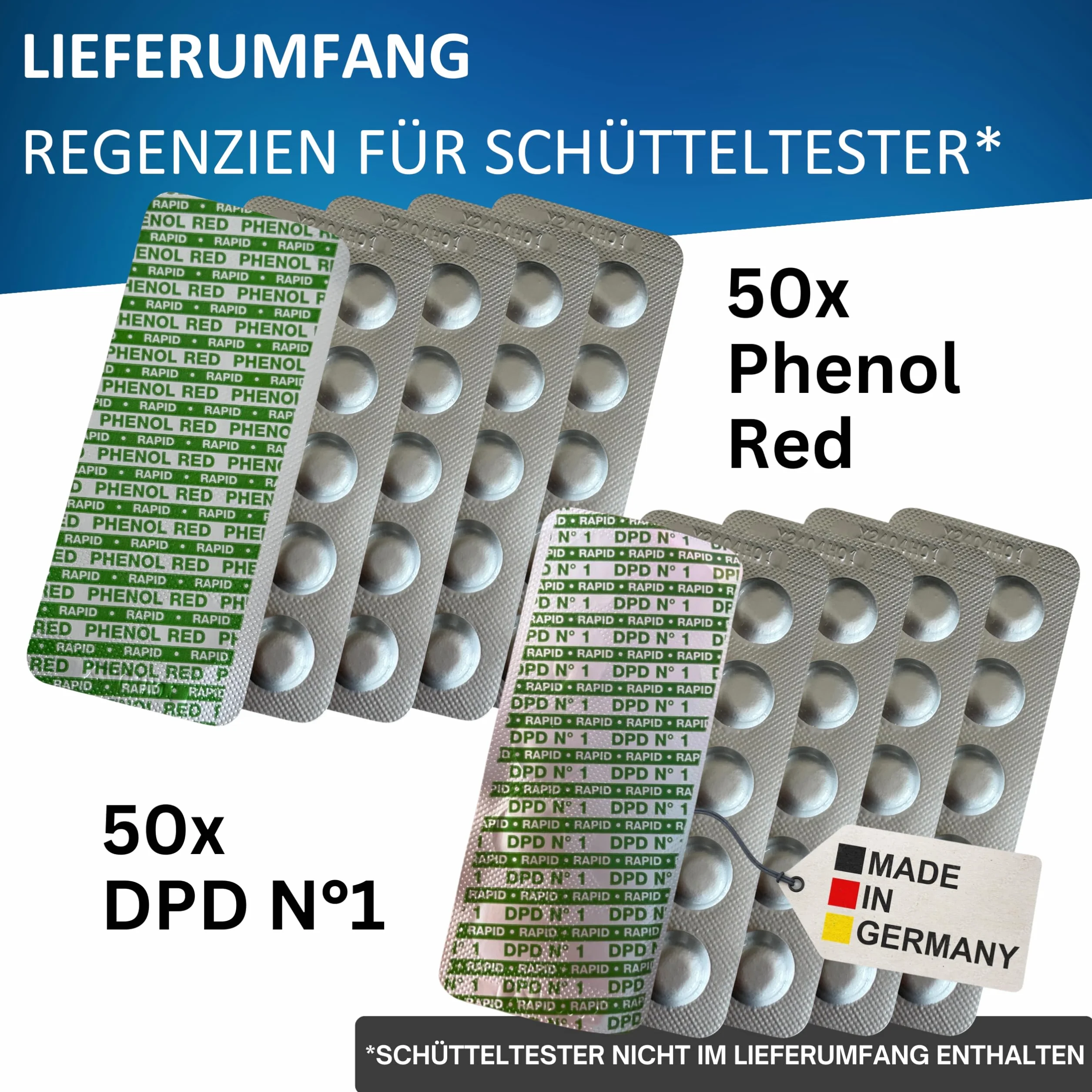 100 tabletek testowych Rapid do testera wstrząsów, 50 x pH Phenol Red, 50 x DPD1, bez chloru, tester wody basenowej, trwałość 10 lat