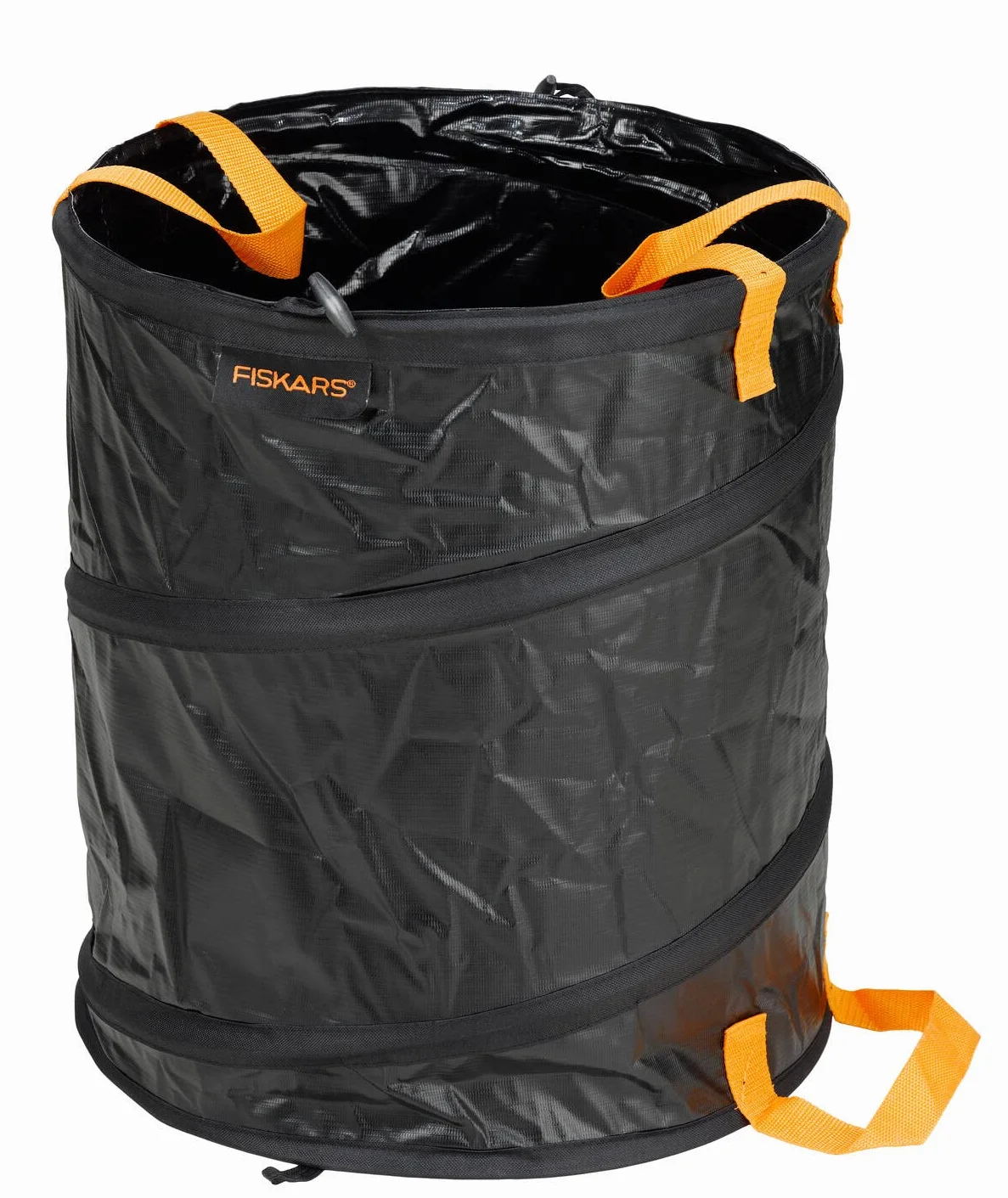Fiskars Kosz ogrodowy PopUp z trzonkami, Pojemność: 56 litrów, Czarno-pomarańczowy, Solid, 1015646