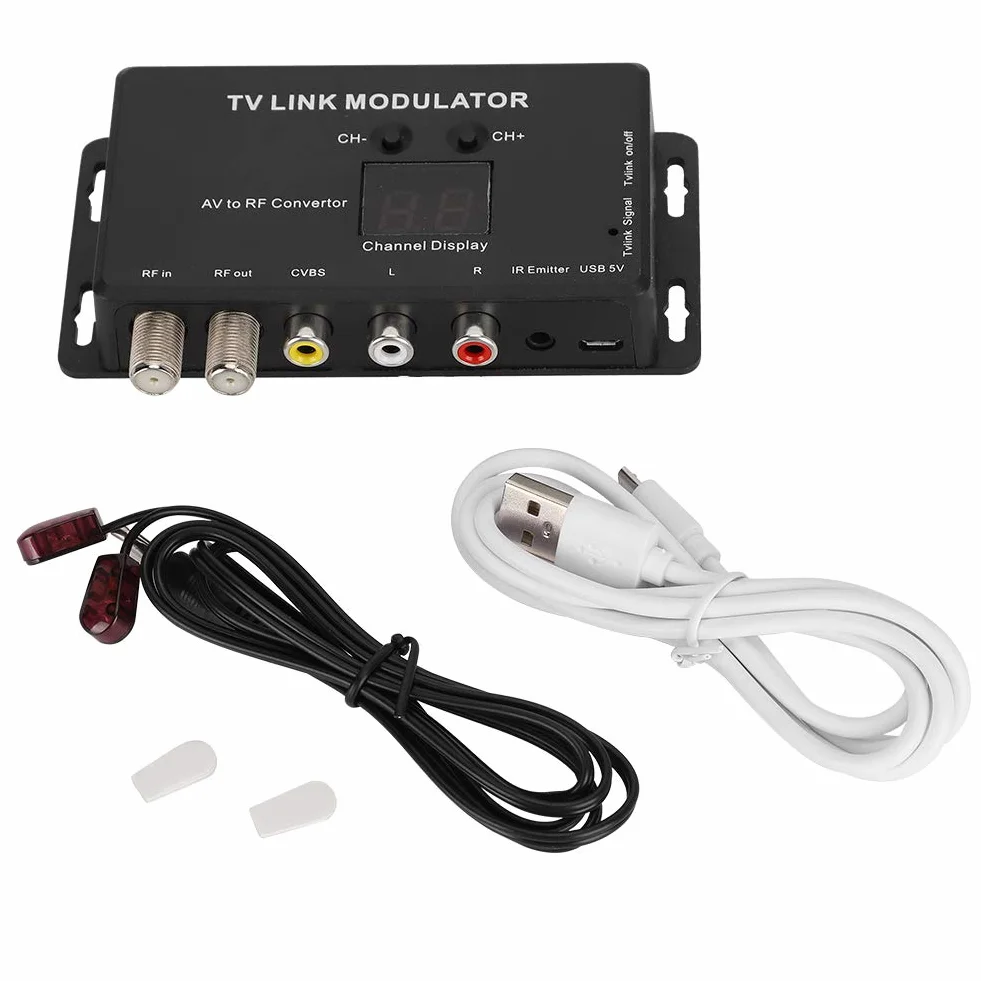 ASHATA UHF modulator, TM70 UHF TV LINK Modulator Konwerter AV na HF Przedłużacz podczerwieni z wyświetlaczem kanałów, obsługuje PAL/NTSC z kablem USB do ładowania laptopa