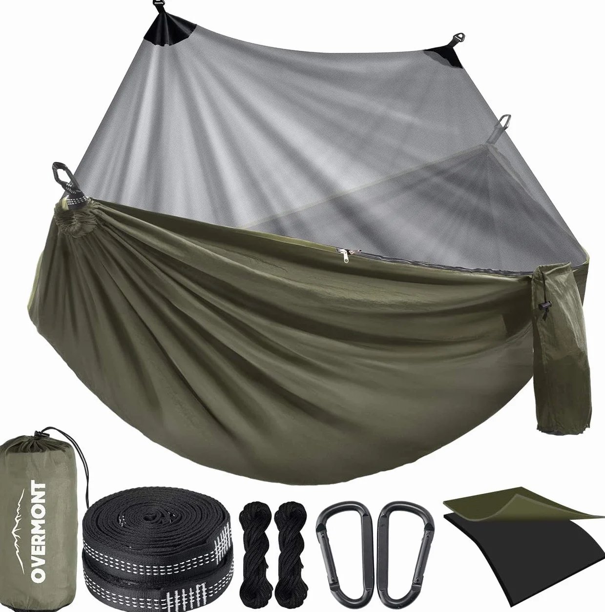 Overmont Hamak z moskitierą, dwuwarstwowy nylonowy spadochron, certyfikat TÜV, nośność 400 kg, oddychający, na kemping, podróż, trekking, do ogrodu