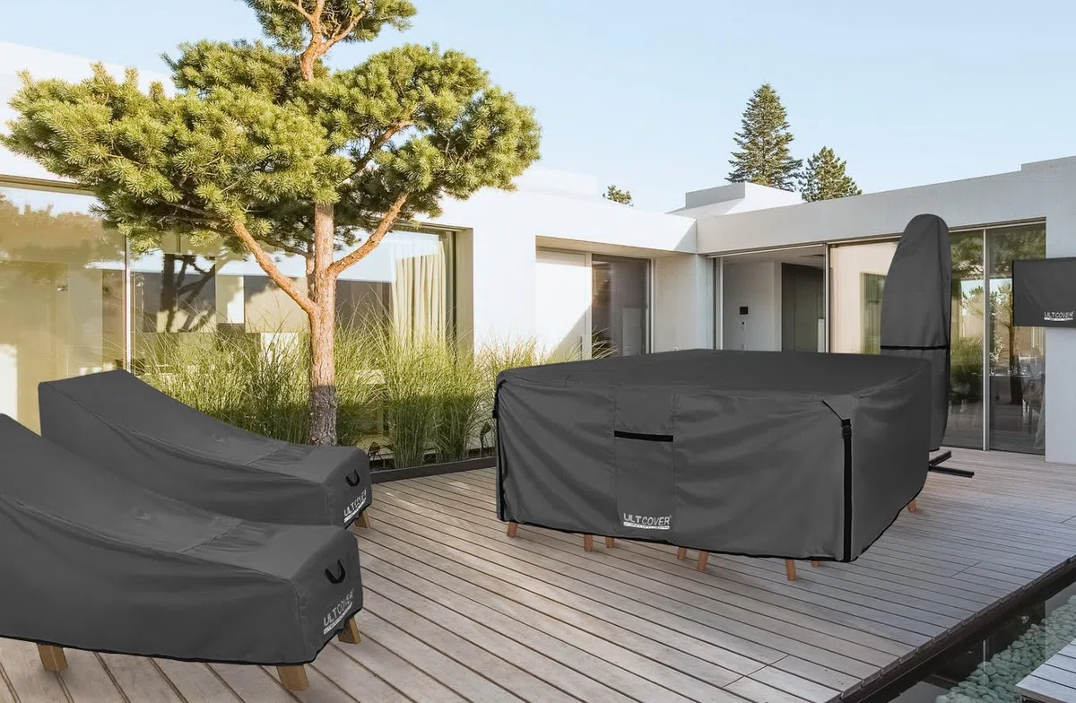ULTCOVER 600D wytrzymały prostokątny pokrowiec na stół i krzesła na patio, wodoodporny, do mebli ogólnego użytku na zewnątrz, długość 320 cm x szerokość 188 cm x wysokość 71 cm, czarny