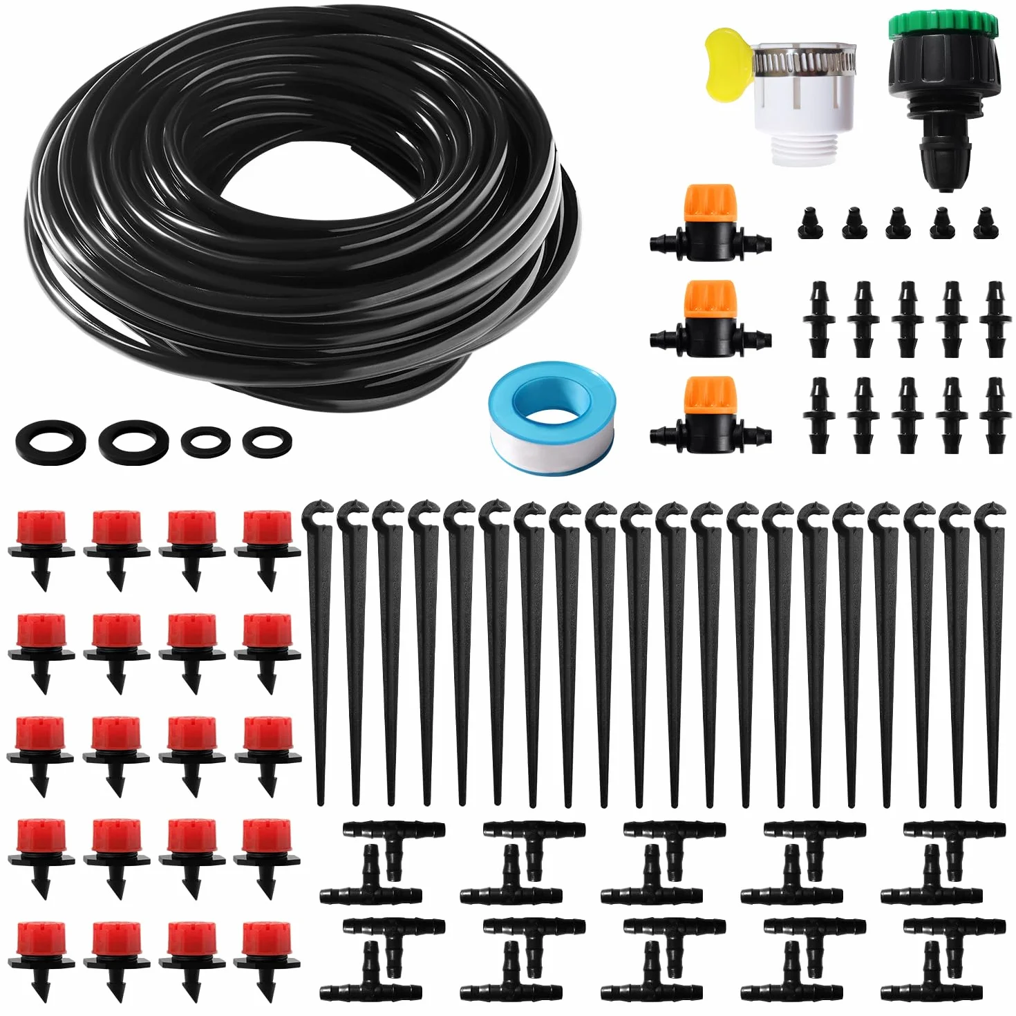 VooGenzek 86 Sztuk 4/6 mm Zestaw do Nawadniania, Wąż Nawadniający 15m, DIY System Nawadniania Ogrodu, z Proste Złącza z Zadziorami, Trójnikiem, Zatyczką Końcową Węża, do Trawnika