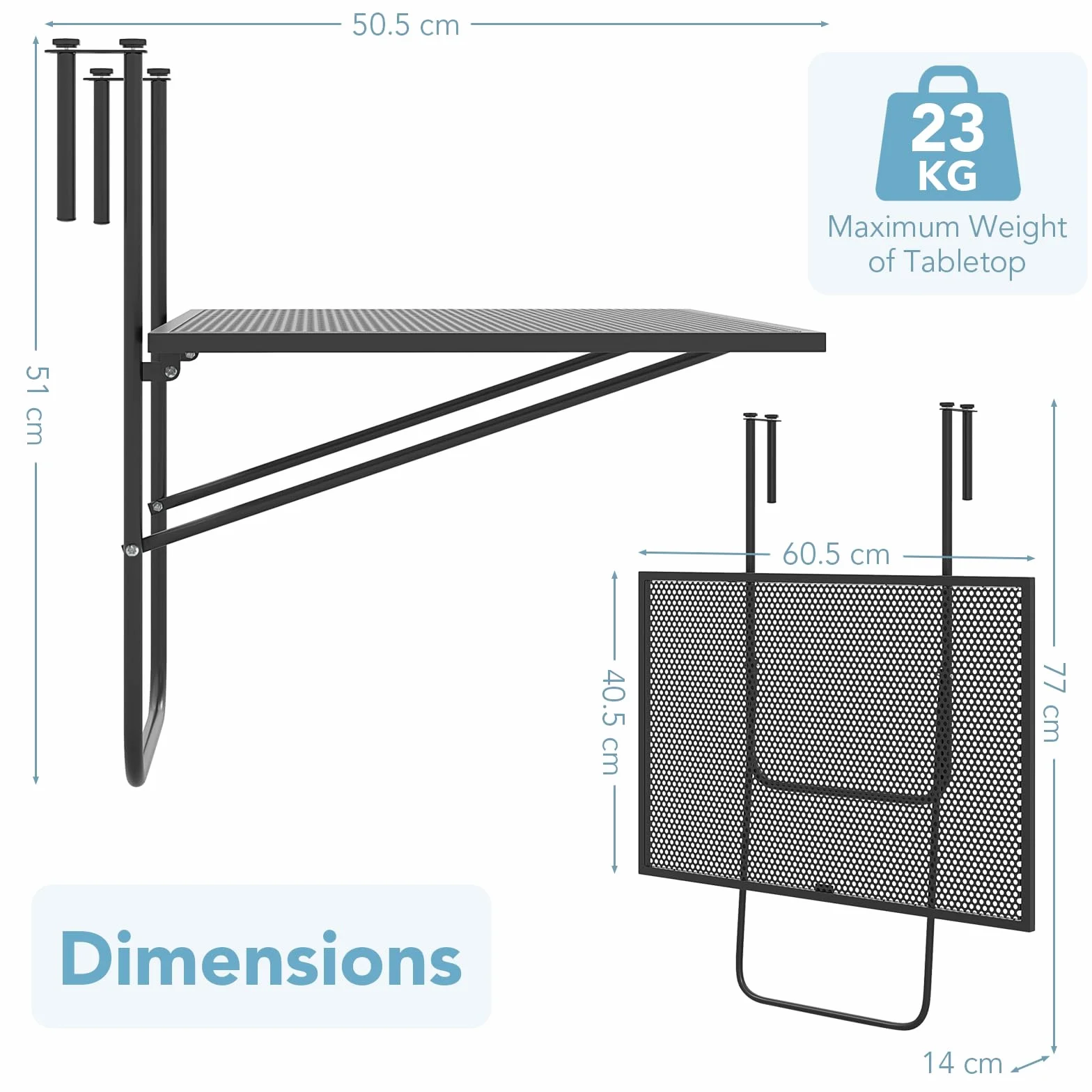 GIANTEX Składany stół balkonowy, metalowy stolik pomocniczy do balustrad | 60,5 x 40,5 x 51 cm, metalowy stolik zewnętrzny oszczędza miejsce, blat z siatki, na taras