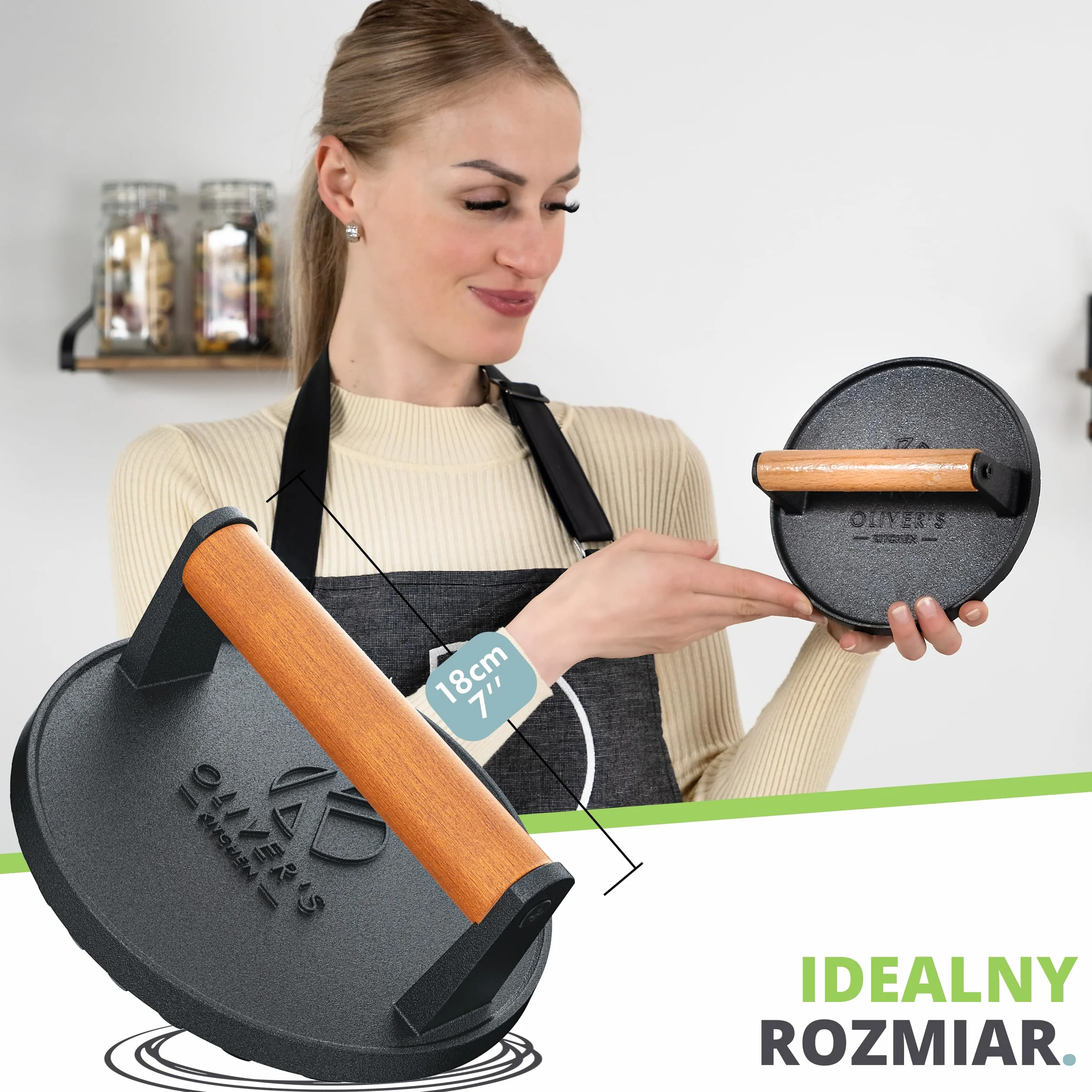 Oliver's Kitchen ® Prasa do Burgerów - Wysokiej Jakości, Wytrzymała, Żeliwna Praska do Hamburgerów - Ręczna Prasa do Mięsa z Wygodnym Uchwytem i Nieprzywierającą Powłoką - Idealne Domowe Burgery