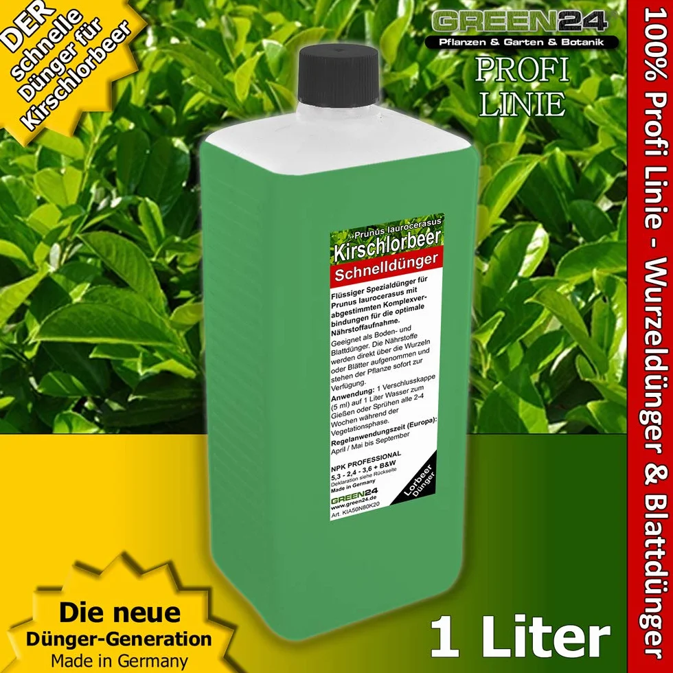 GREEN24 HIGHTECH nawóz do laurowego wiśniowego, profesjonalna linia 1 l, do nawożenia wielu roślin Prunus laurocerasus, Hightech płynny nawóz do żywopłotów laurowych i donic