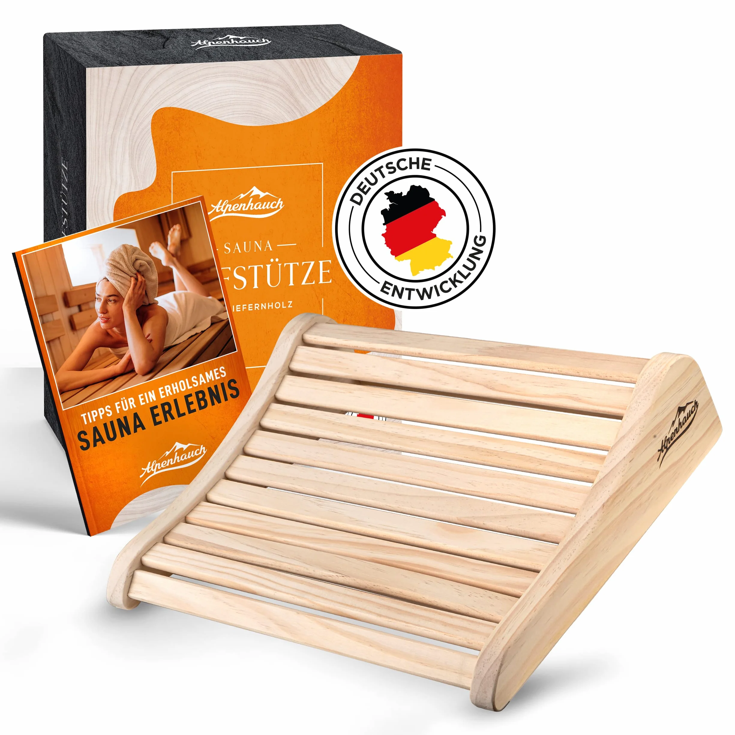 ALPENHAUCH Drewniany zagłówek do sauny [100% naturalne drewno] – ergonomiczny zagłówek do sauny z drewna – szlachetne akcesoria do sauny, kabina na podczerwień – wygodny i szeroki zagłówek do sauny i