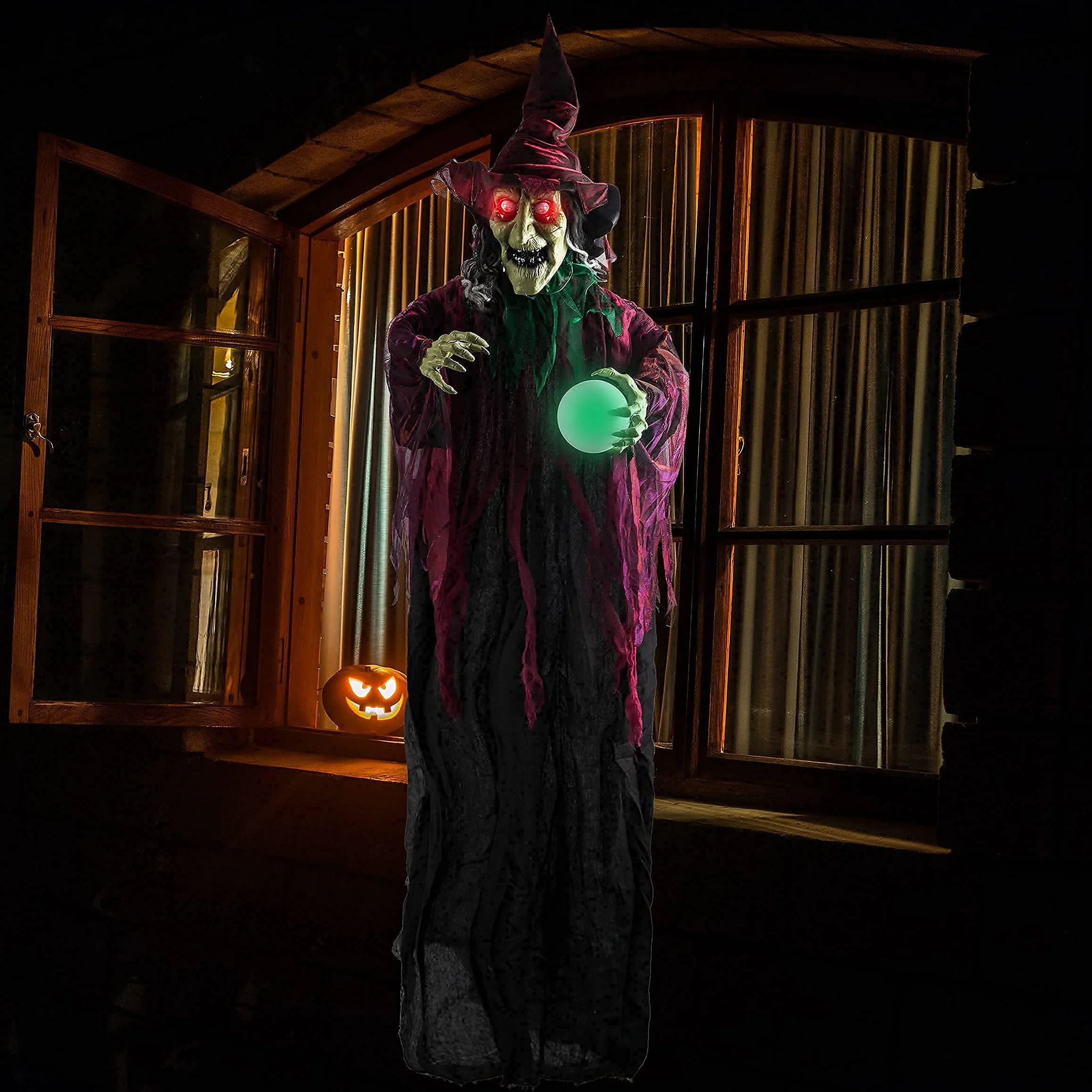 JOYIN Wisząca Dekoracja Czarownicy na Halloween - Animowana Przerażająca Czarownica z Oczami LED i Dźwiękiem, Dekoracja na Zewnątrz, Trawnik, Podwórko, Patio