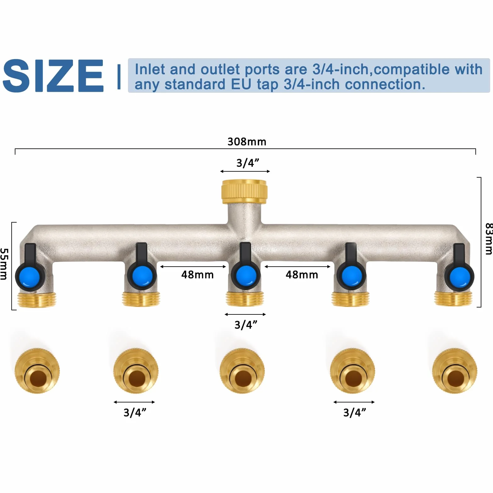 Mosiężny 5-drożny kran rozdzielacz wody 3/4" 1/2" z zaworem kulowym