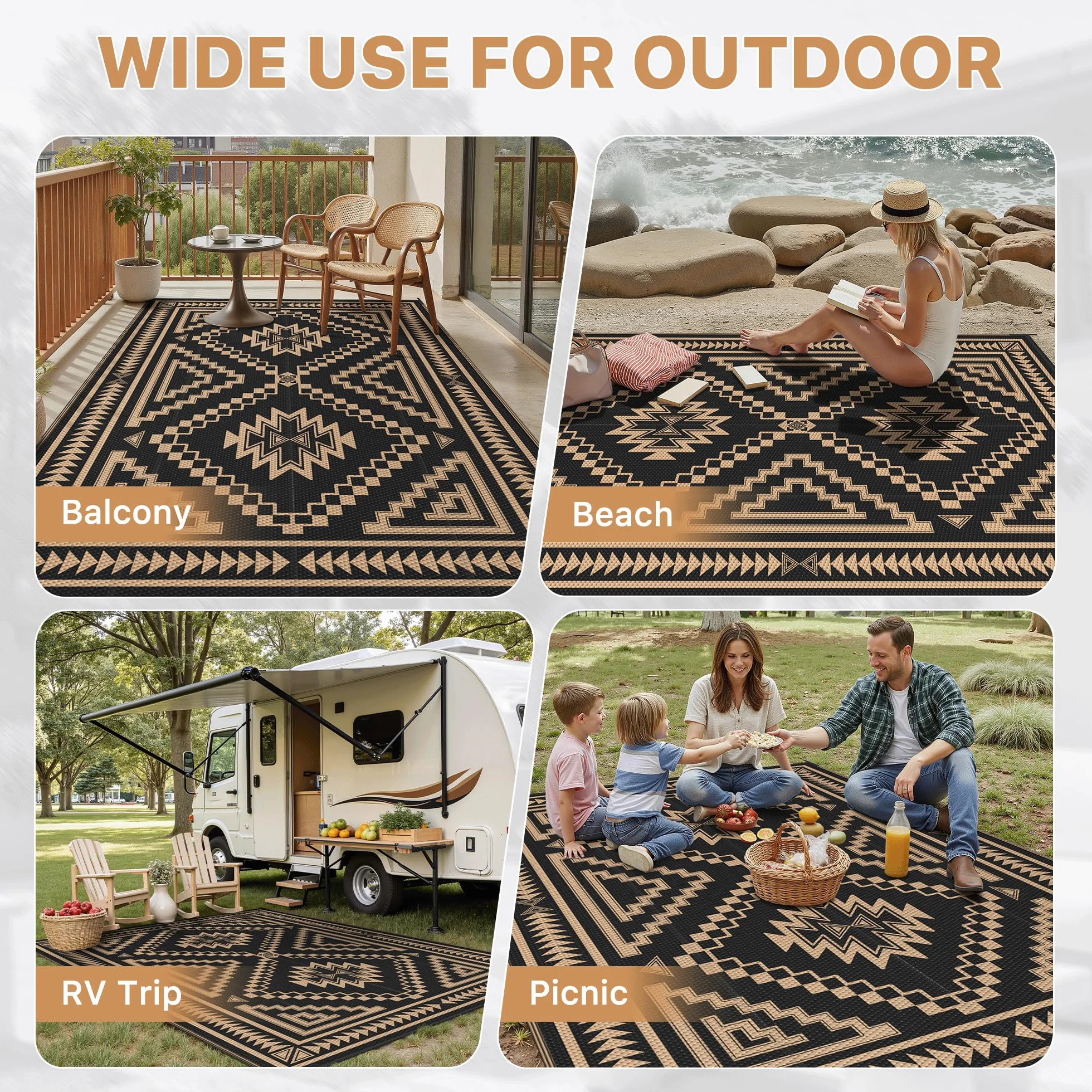 GENIMO Mata Tarasowa, Wodoodporna, Dwustronna, Plastikowa, Dwustronna Mata Do Grillowania Na Zewn?trz Do Ogrodu, Na Piknik, Na Balkon,Pastylka Czarny Br?zowy,180 x 275 cm