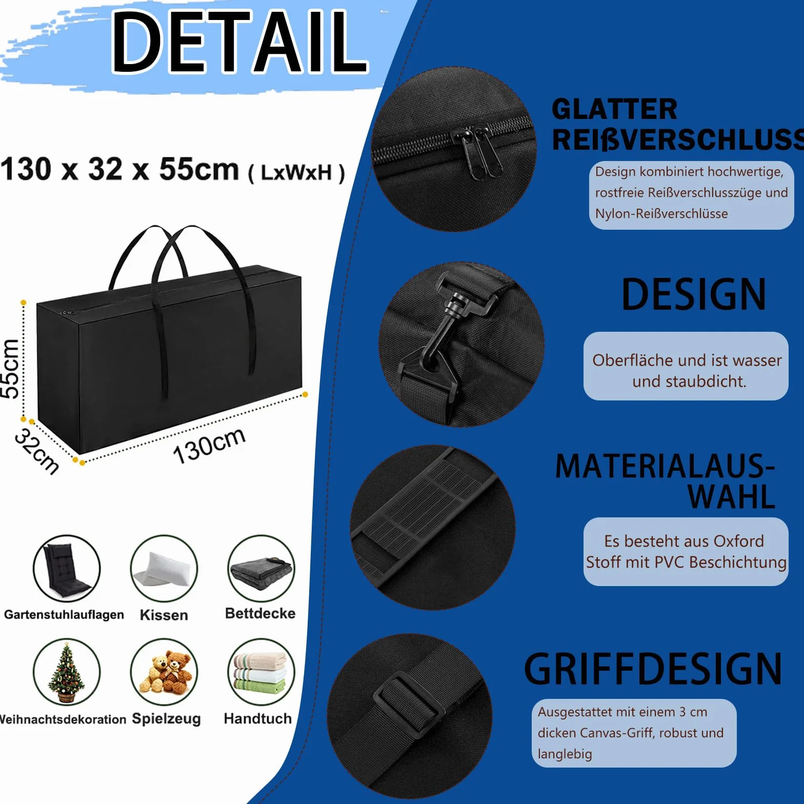 Torba do przechowywania mebli ogrodowych 173 x 76 x 51 cm duża na poduszki i kołdry