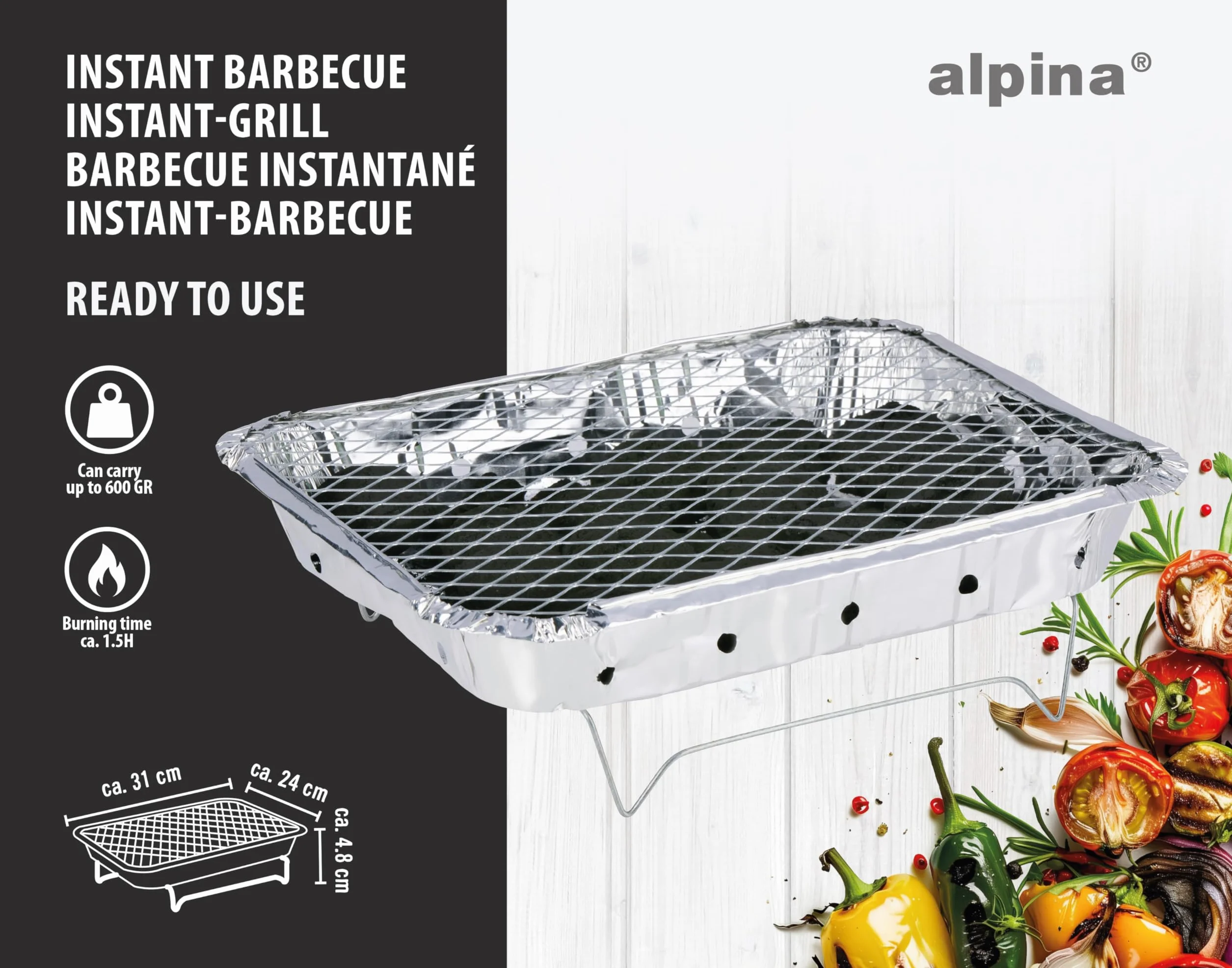 Alpina Jednorazowy grill na węgiel drzewny – gotowy do użycia – kompaktowy i przenośny – czas palenia ok. 1,5 godziny – z rusztem do grillowania – idealny w podróży