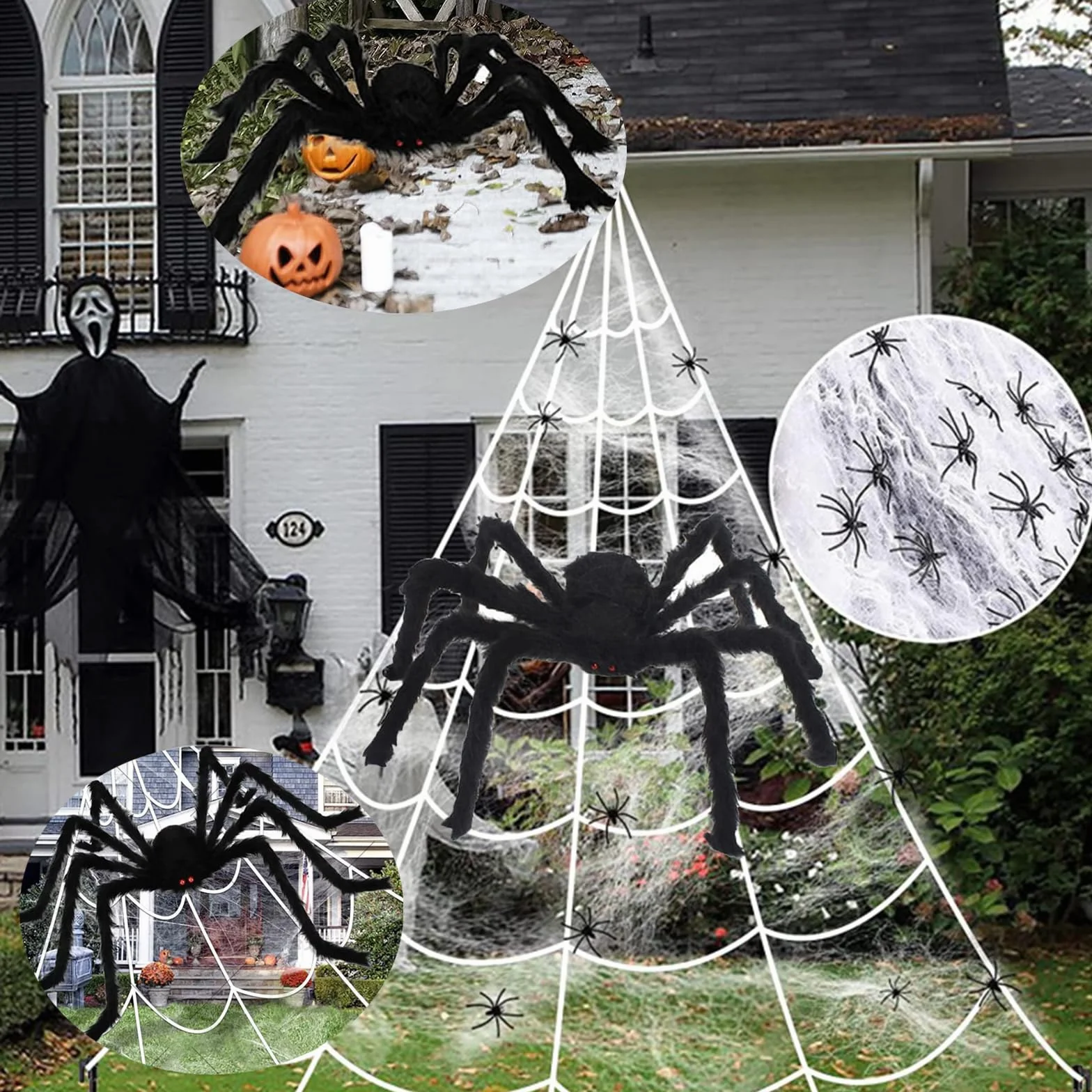 3-częściowy gigantyczny pająk Halloween, zewnętrzna dekoracja Halloween, duży futrzany pająk z czerwonymi oczami, dekoracja domu na zewnątrz (125 cm, 90 cm, 75 cm)
