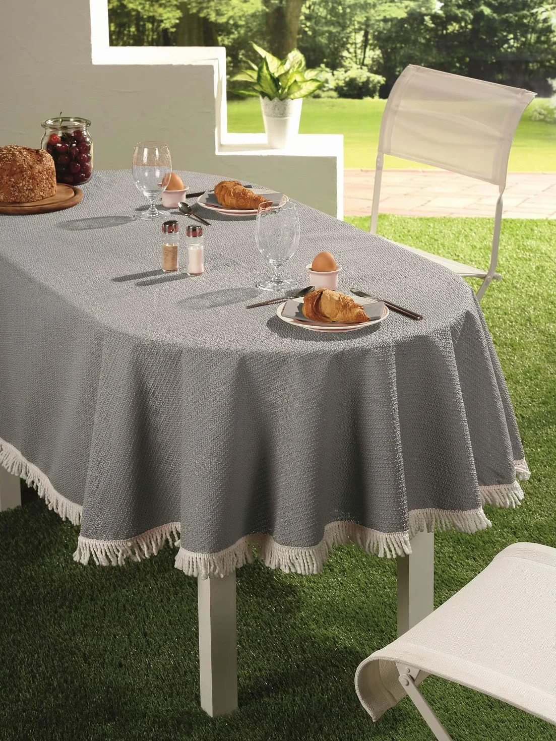 EXKLUSIV HEIMTEXTIL Classic obrus na stół ogrodowy z frędzlami 130 cm niebieski