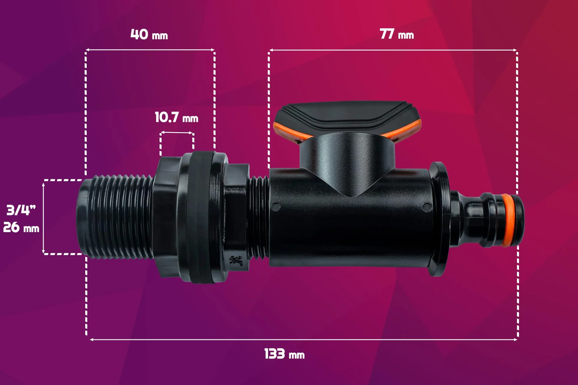 Przepust zbiornika z kurkiem odcinającym, gwint zewnętrzny 26,44 mm, 3/4" xQuick Connector, przepust zbiornika na deszczówkę, beczka na wodę, 1 sztuka
