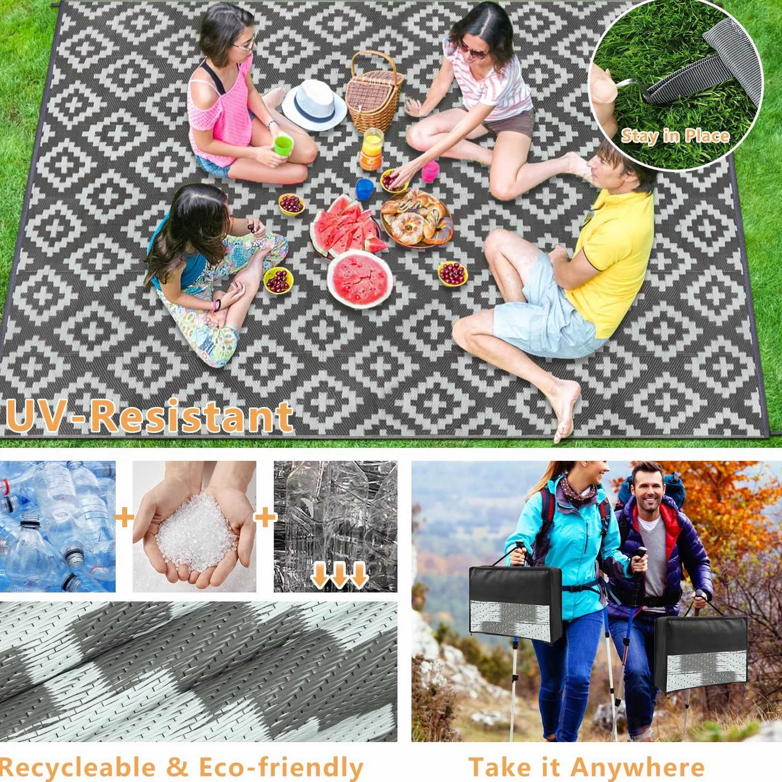 Dywan zewnętrzny odporny na promieniowanie UV dwustronny 180 x 270 cm szary