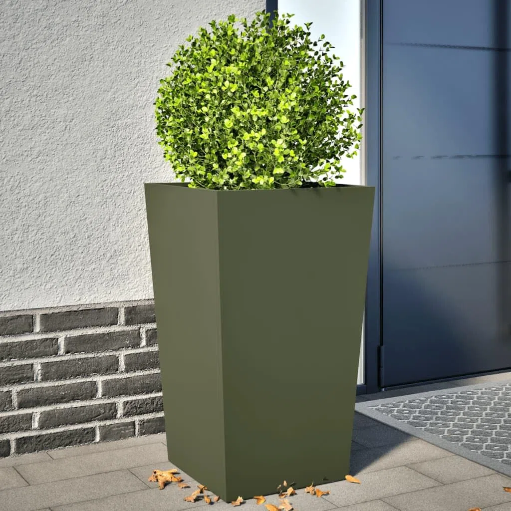 Donice ogrodowe 2 sztuki oliwkowa zieleń 45x45x75 cm stal ocynkowana na zewnątrz duże pojemniki na rośliny kwiaty warzywa z dnem montaż balkon patio taras