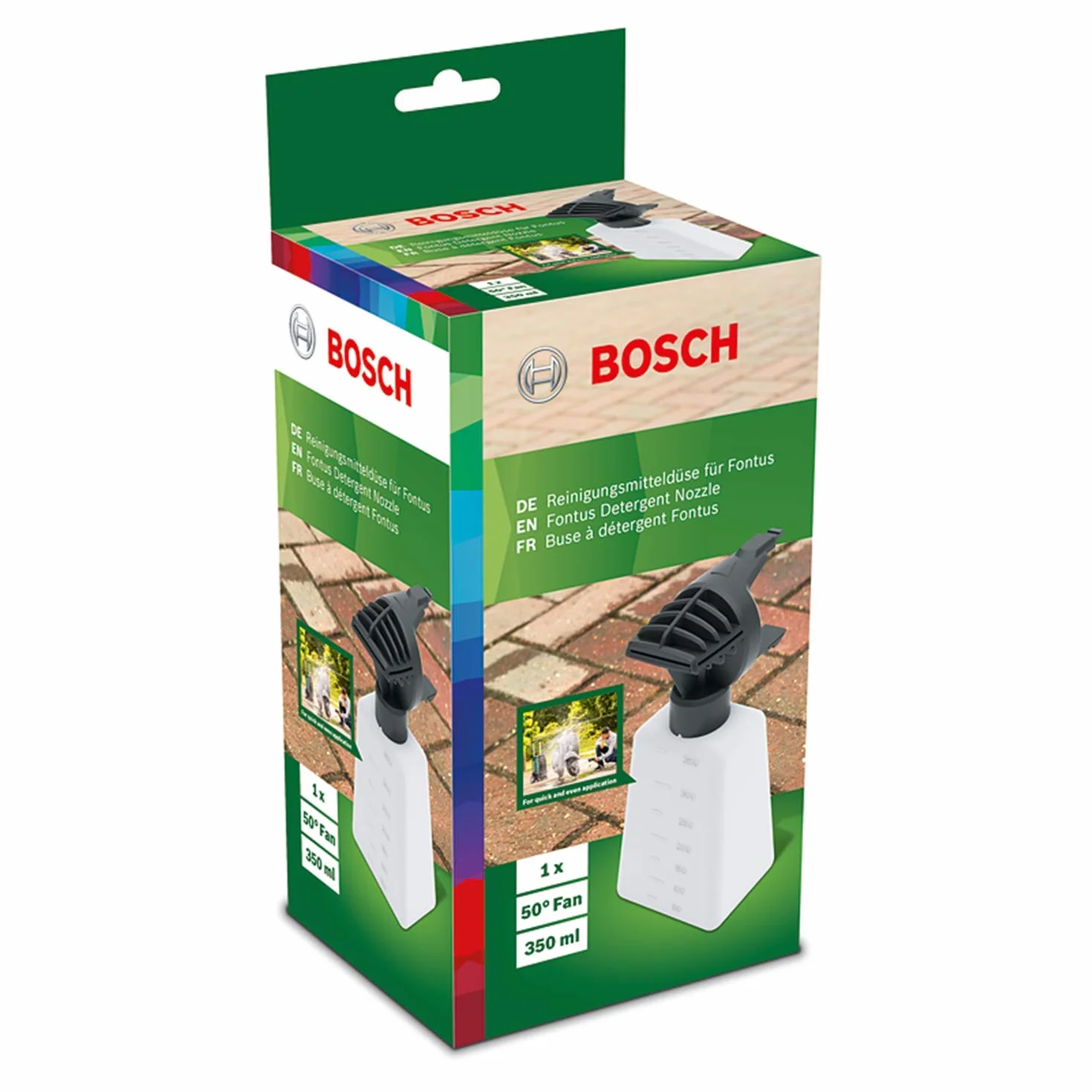 Bosch Home And Garden Akcesoria do Myjek Ciśnieniowych, Dysza do Fontus, Dysza do Detergentu Fontus, Pojemność Butelki 350 ml, w Pudełku Kartonowym, Biały, 235 mm, 105 mm, 90 mm, F016800595