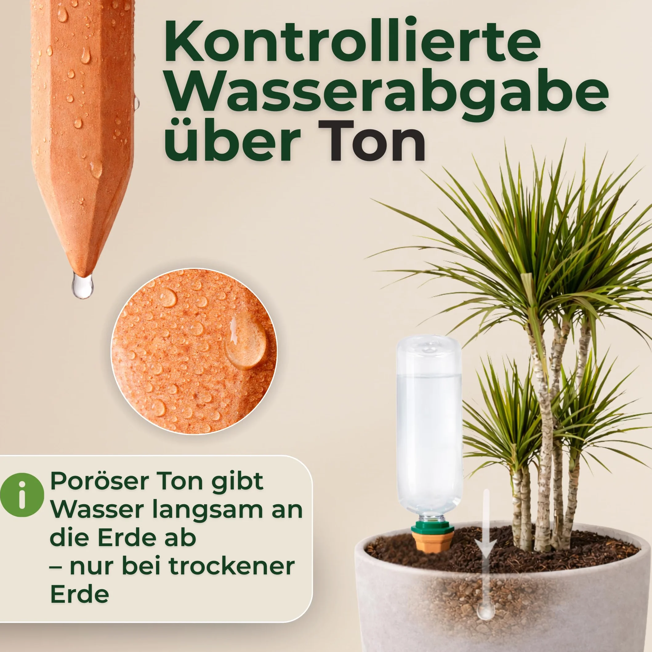 Nawadnianie roślin | stożek gliniany wraz z adapterem i butelkami PET | 750 ml | kolce do nawadniania dla optymalnego nawadniania | zestaw 4 sztuk | dozownik wody | idealny na nieobecność w trakcie
