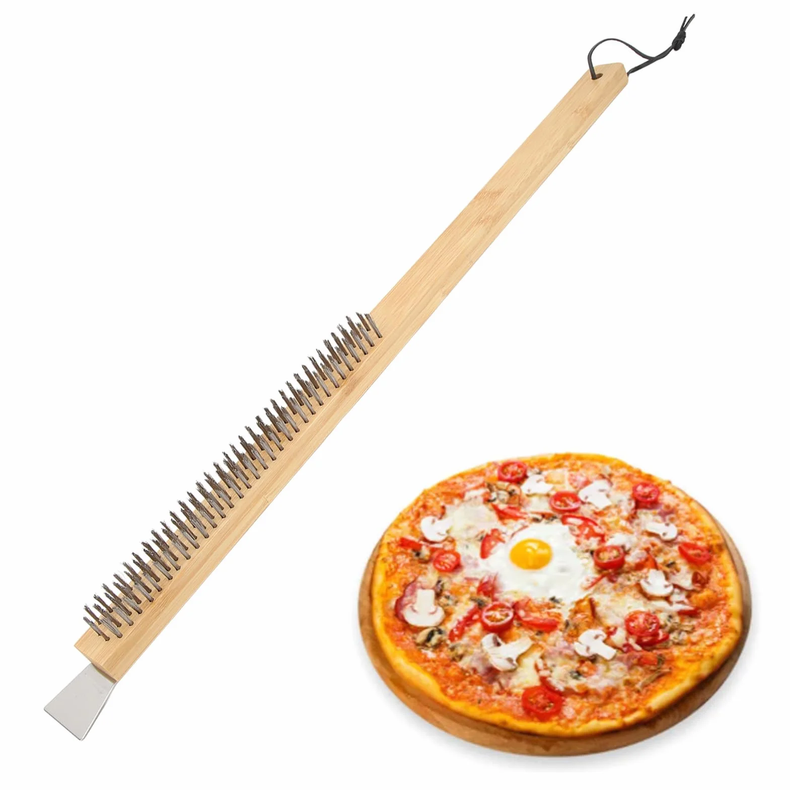 Szczotka do kamienia do pizzy, szczotka do pieca do pizzy z otworem do zawieszania, drut miedziany, szczotka do pizzy z drewnianym uchwytem i skrobakiem ze stali nierdzewnej, akcesoria do pieca do