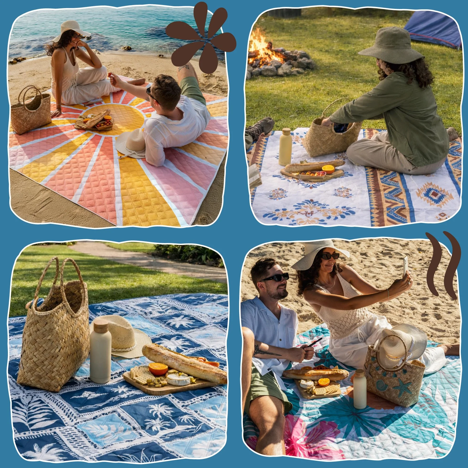 Twinzee Wodoodporny koc piknikowy 200x200 cm składany mata plażowa Boho
