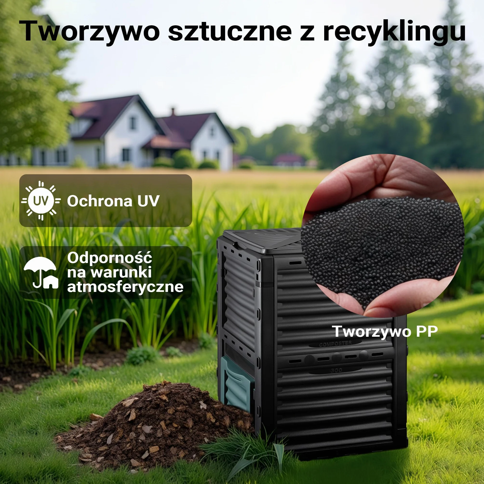 Wiltec Kompostownik ogrodowy modułowy 300 l o wymiarach 61 x 61 x 82 cm, plastikowy kompostownik na odpady organiczne, z pokrywą i klapą do opróżniania