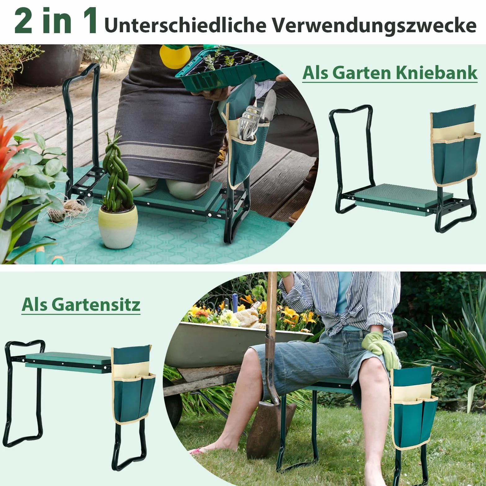 COSTWAY Ławka ogrodowa 2 w 1 składana z poduszką EVA i torbą na narzędzia, obciążenie 150 kg, 58x27,5x50 cm, zielona