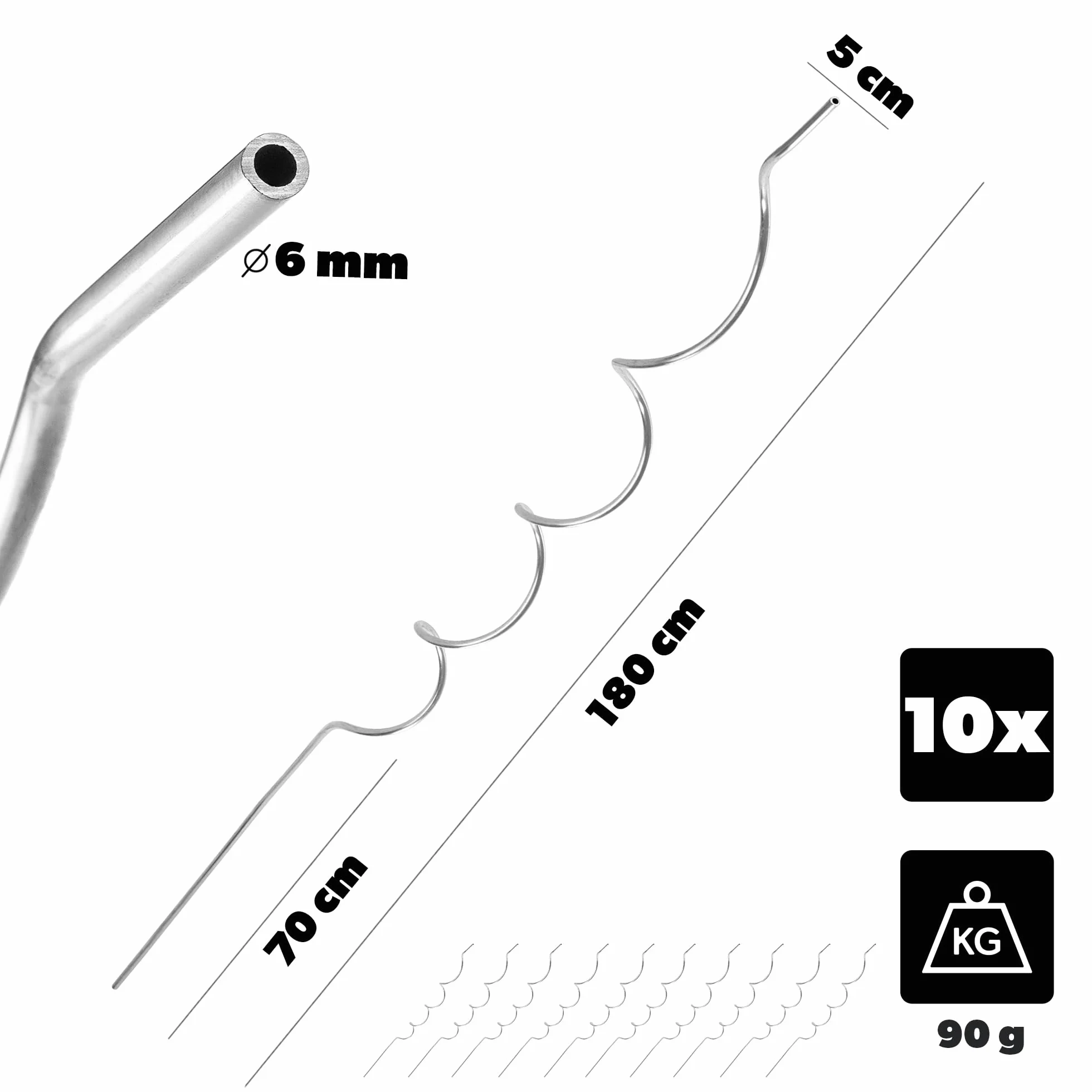 KADAX Pręty spiralne do pomidorów 180 cm x 6 mm, 10 sztuk, aluminiowe