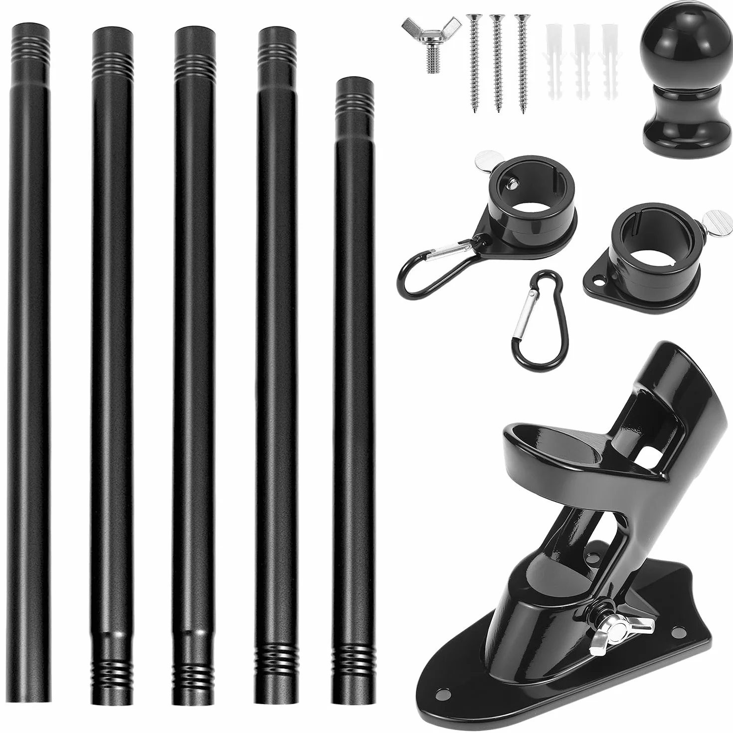 QWORK® Nieplączący się zestaw masztu flagowego – 1,8 m, metalowy maszt flagowy z uchwytem ściennym, nakładką kulkową i pierścieniami obrotowymi o 360°, do użytku na zewnątrz, domu, ogrodu,