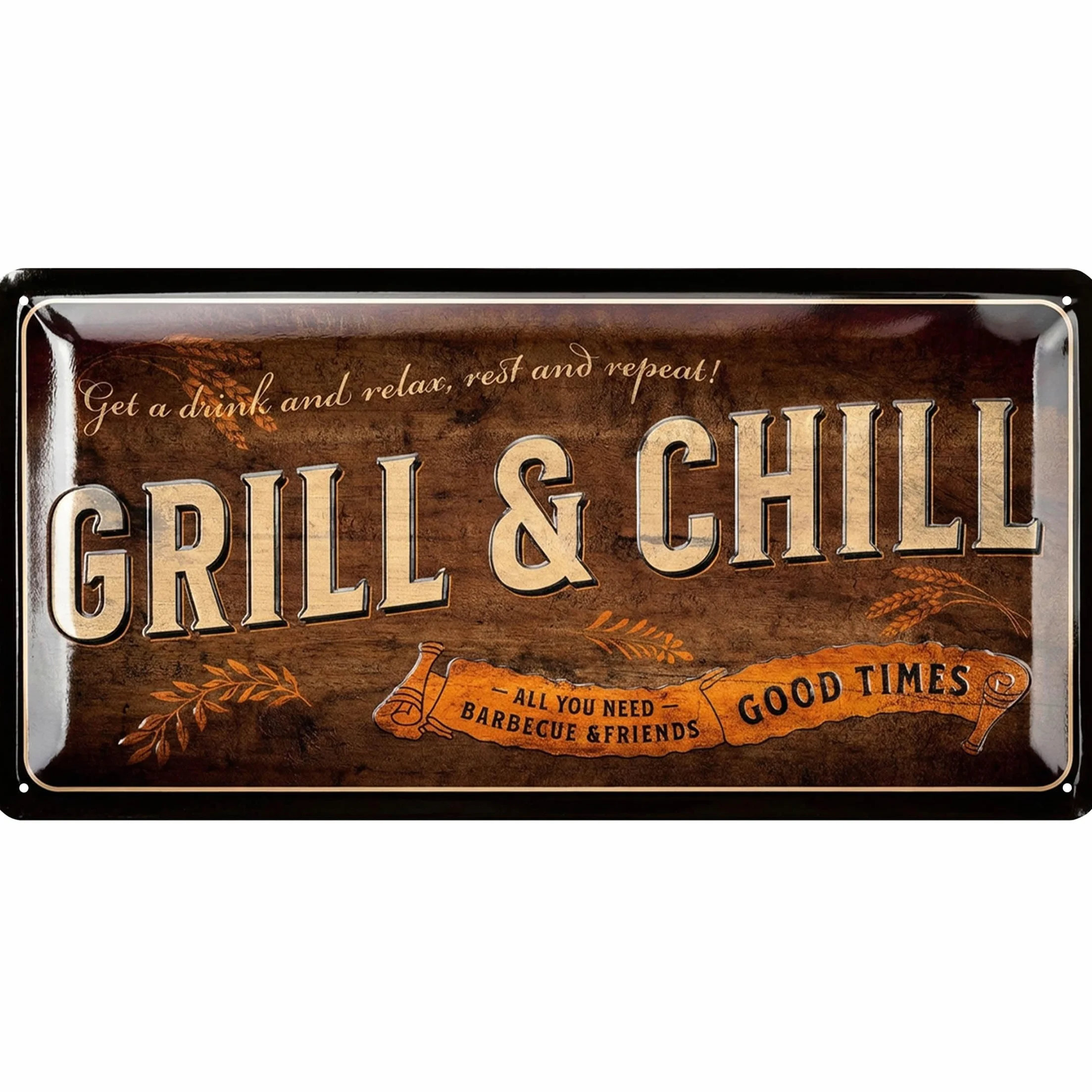 Retro blaszana tabliczka grillowanie - grill and chilll lounge - dekoracja grilla retro - tabliczka do grillowania tabliczka ogród - prezent dla taty do grillowania tabliczka tabliczka z powiedzonkami i wytłoczeniem w wymiarach 17 x 34 cm