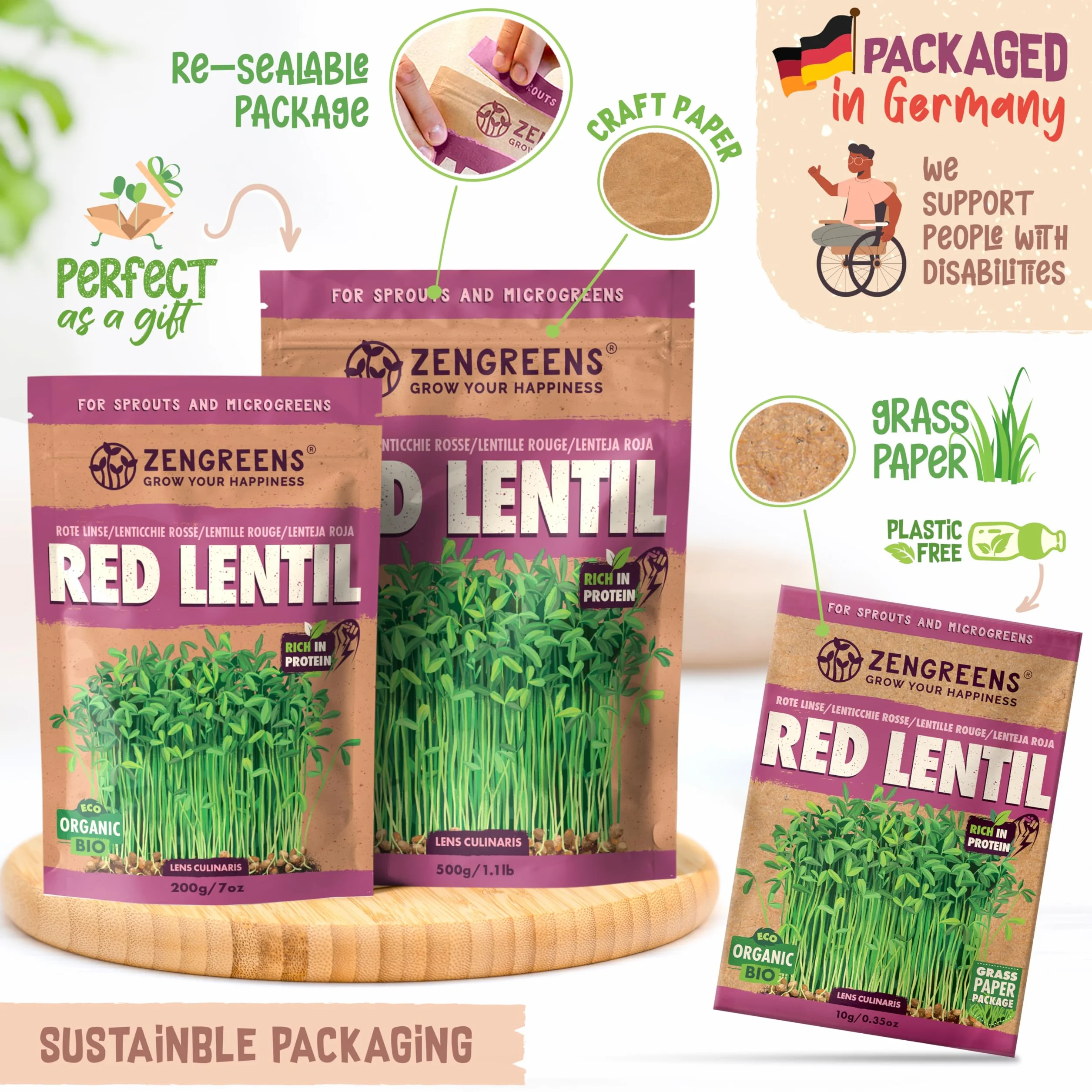 ZenGreens Organiczne nasiona czerwonej soczewicy 200 g 500 g kiełkowania 97%