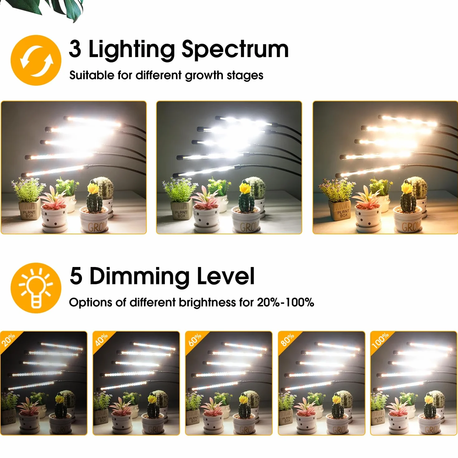 Wolezek Lampa LED do uprawy roślin, pełne spektrum, 5 głowic, 100 diod LED, lampa do uprawy roślin z timerem 6/12/16H, 3 tryby kolorów i 5 stopni ściemniania, lampa do uprawy roślin pokojowych