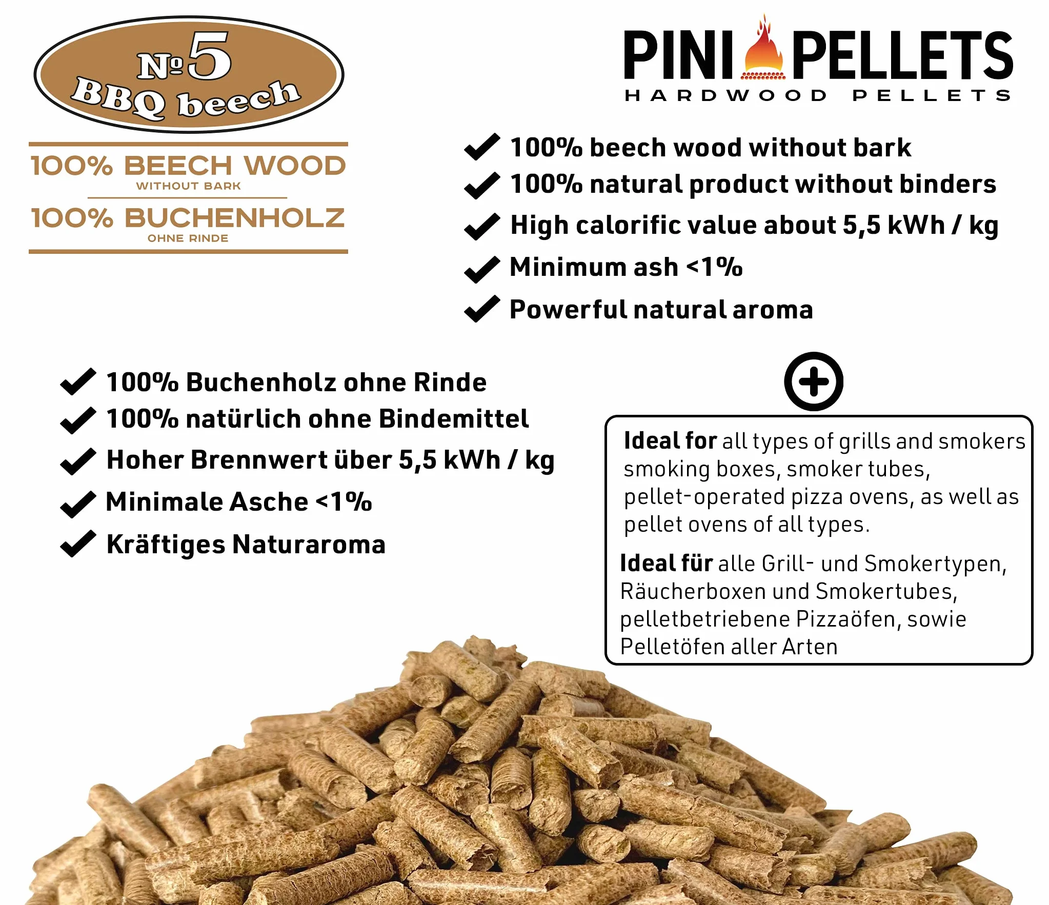PINI Pellet z twardego drewna, 100% buk № 5 BBQ Beech 15 kg pellet do grillowania, wędzenia