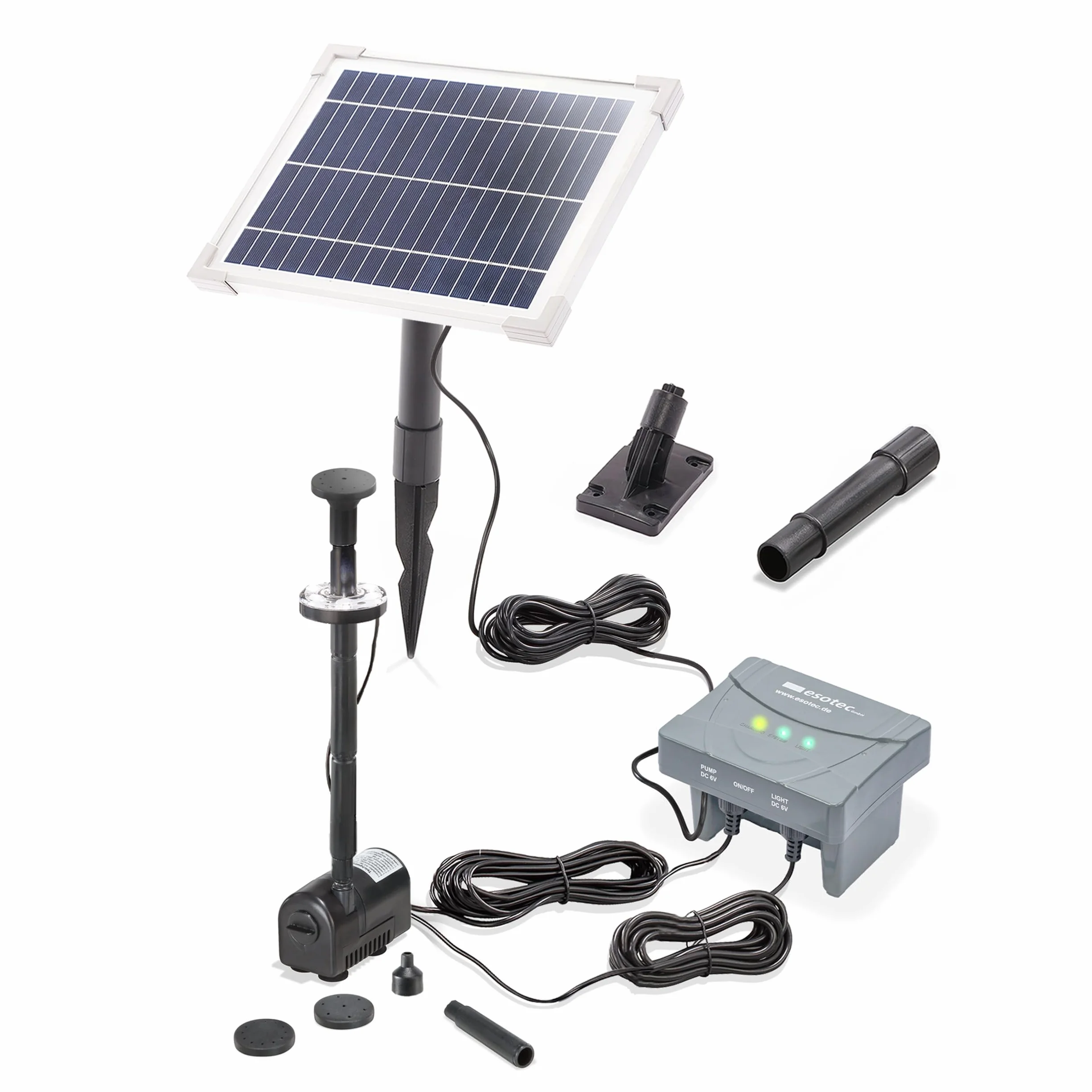 Esotec Zewnętrzna pompa solarna do stawu z filtrem LED 6/220, 220 l/h, akumulator LiFePO4, panel słoneczny 6 W