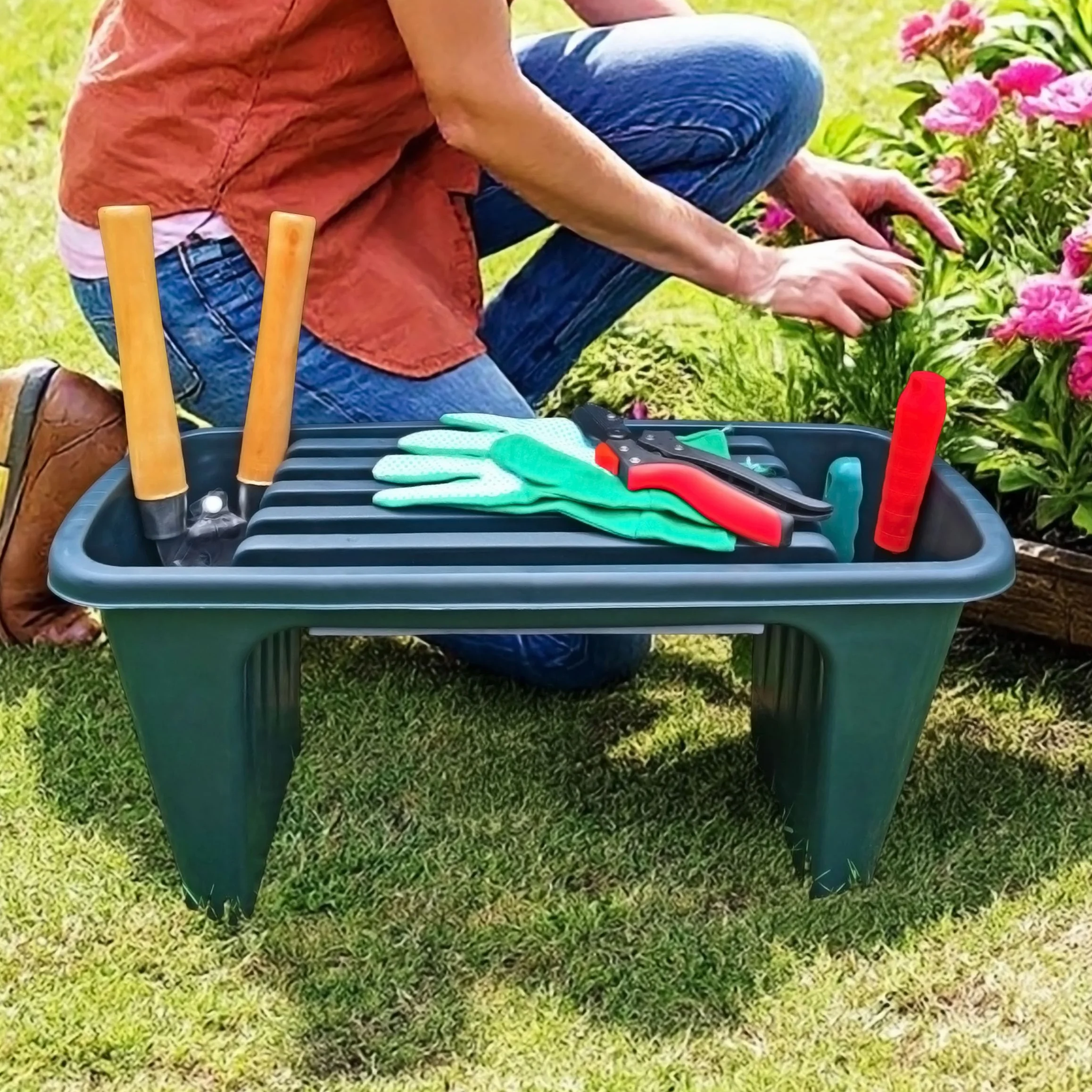 Spetebo Ławka ogrodowa z tworzywa sztucznego zielona – 60 x 30 cm – stołek roboczy z wyściółką na kolana – taboret ogrodowy na kolana, akcesoria do prac ogrodowych, ochrona kolan, narzędzie robocze