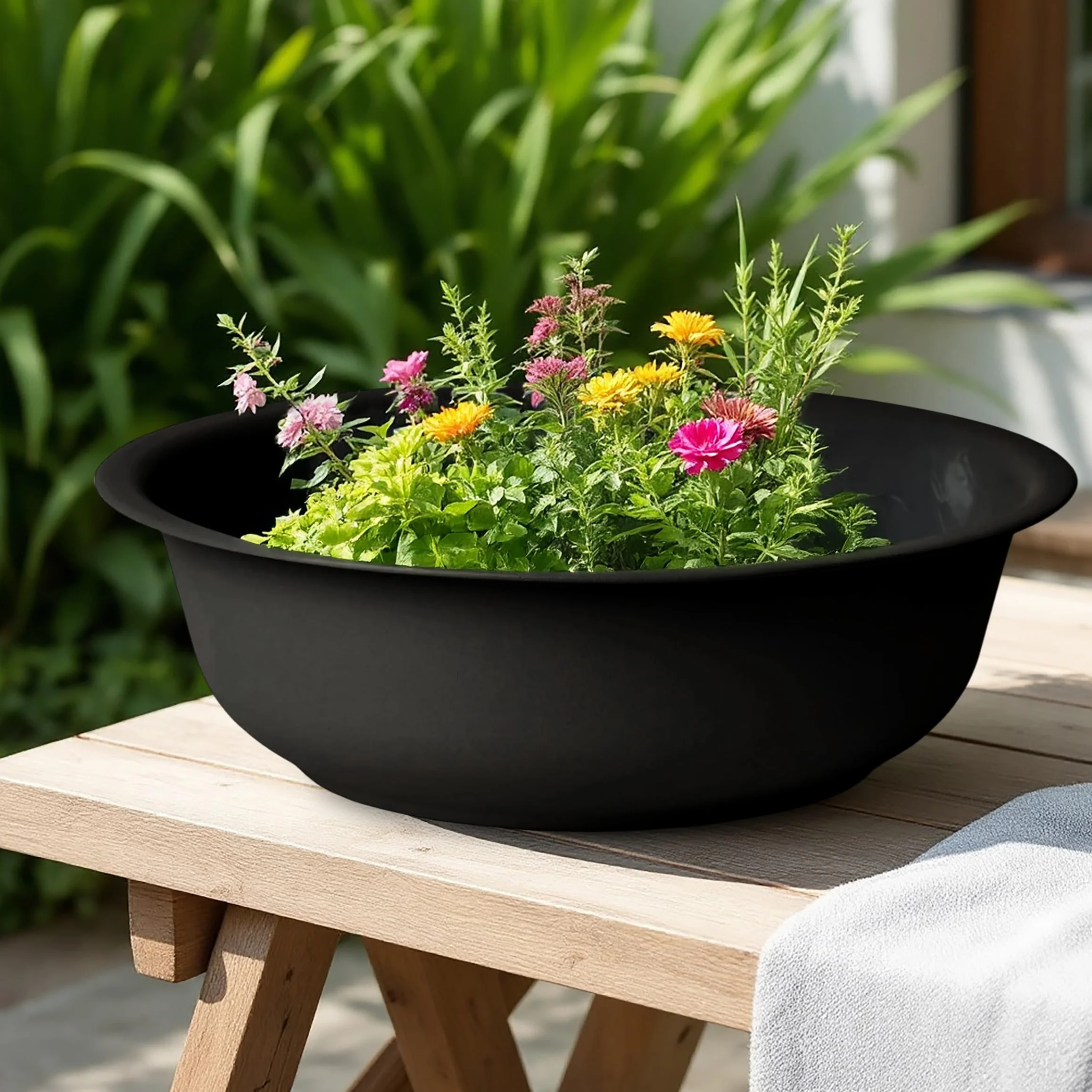 Spetebo Mini staw ogrodowy, okrągły, czarny, 52 cm, dekoracja ogrodowa, metalowa miska na kwiaty, duży – ozdobny staw na balkon, do stawu, donica na kwiaty, do oczka wodnego, oczka wodnego