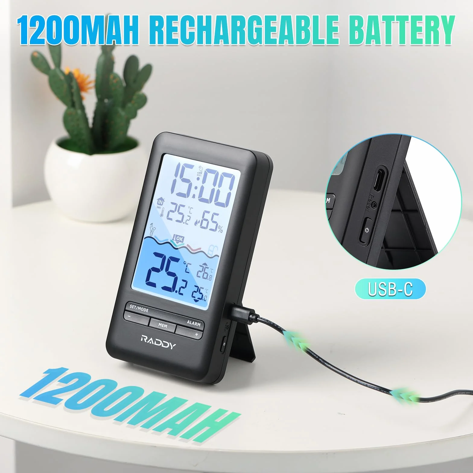 Raddy PT-5 Wi-Fi Termometr basenowy bezprzewodowy IPX8 ładowanie słoneczne USB-C