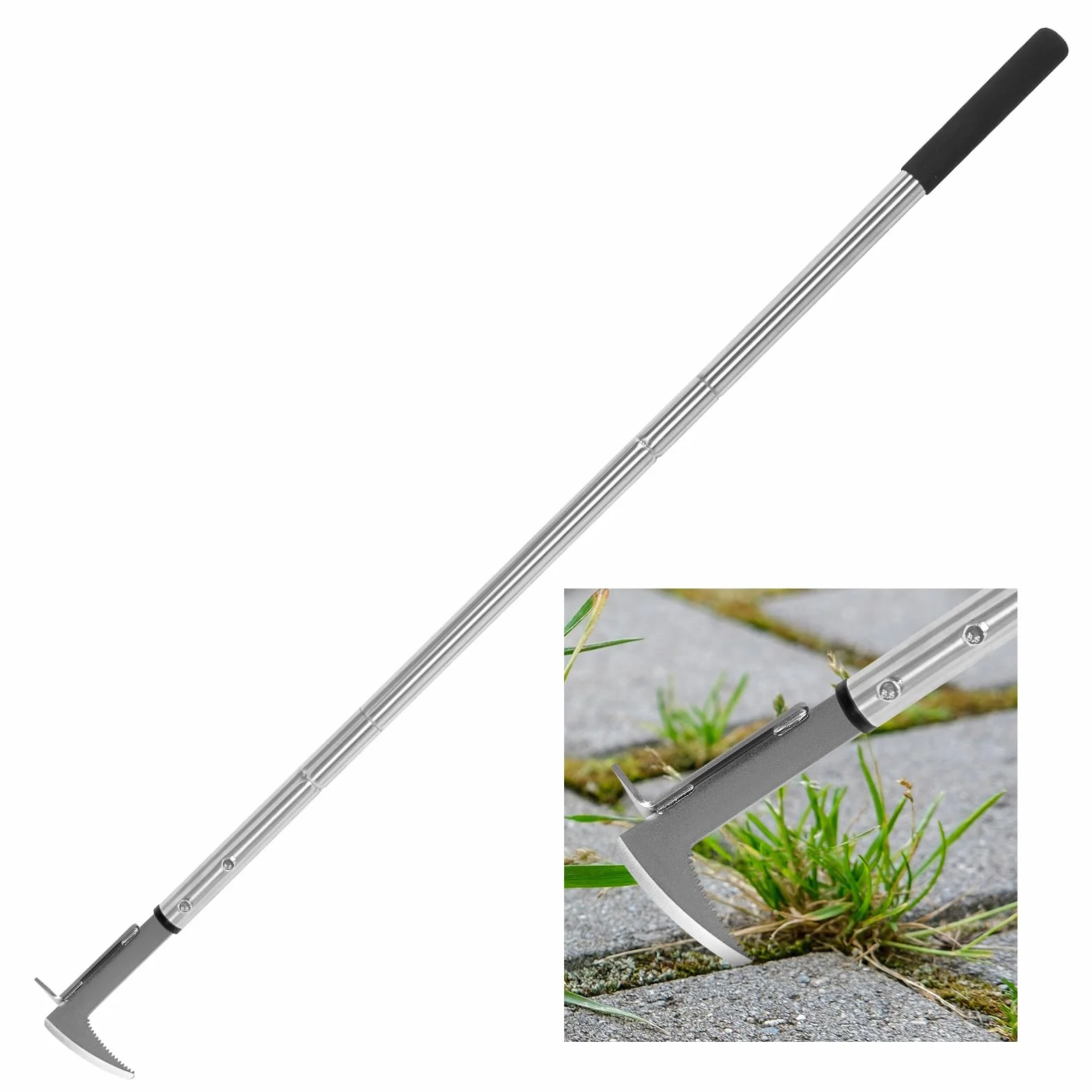 BARAYSTUS Skrobak do fug z długim uchwytem, regulowana 138-105-69 cm, z ząbkowaną krawędzią, urządzenie do usuwania chwastów do prac ogrodowych, ergonomiczne urządzenie do usuwania chwastów