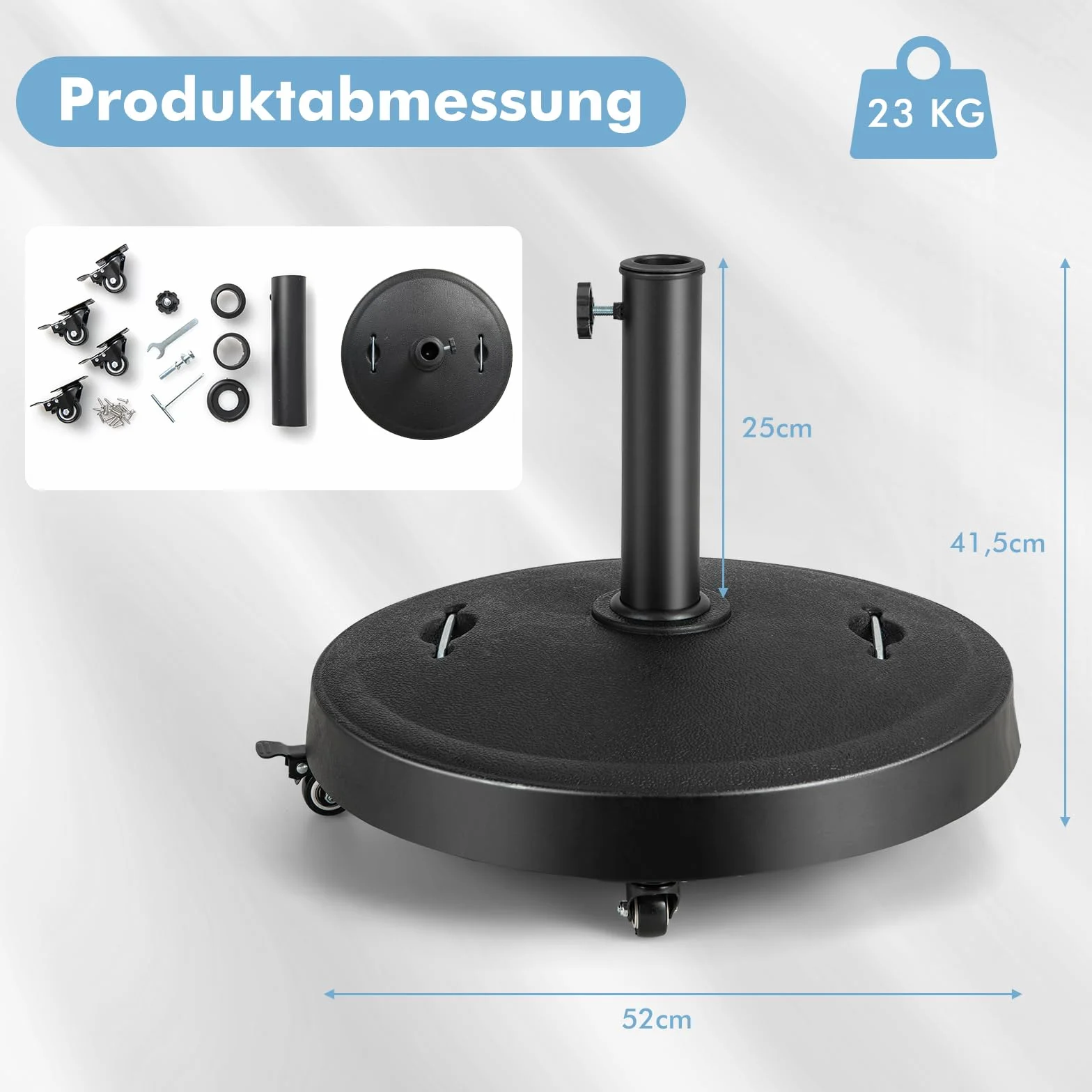 COSTWAY Stojak na parasole przeciwsłoneczne, 23 kg, z rolkami i uchwytami, stojak na parasole o średnicy 38/48 mm, Ø 52 cm, stojak na parasole do ogrodu, na balkon