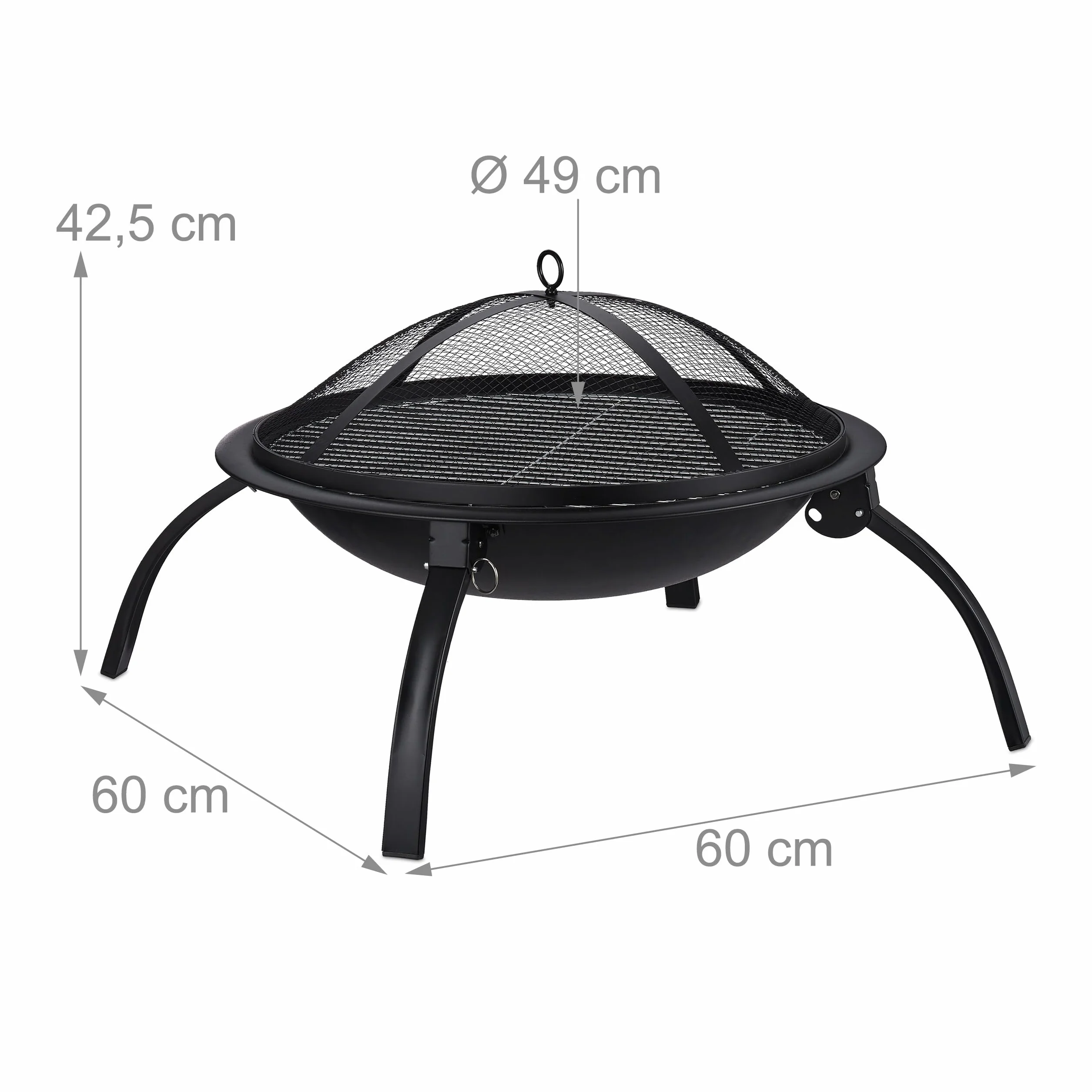Relaxdays Palenisko XL z torbą, ruszt do grilla, pogrzebacz, pokrywa chroniąca przed iskrami, do ogrodu, na taras, średnica 56,5 cm, czarna