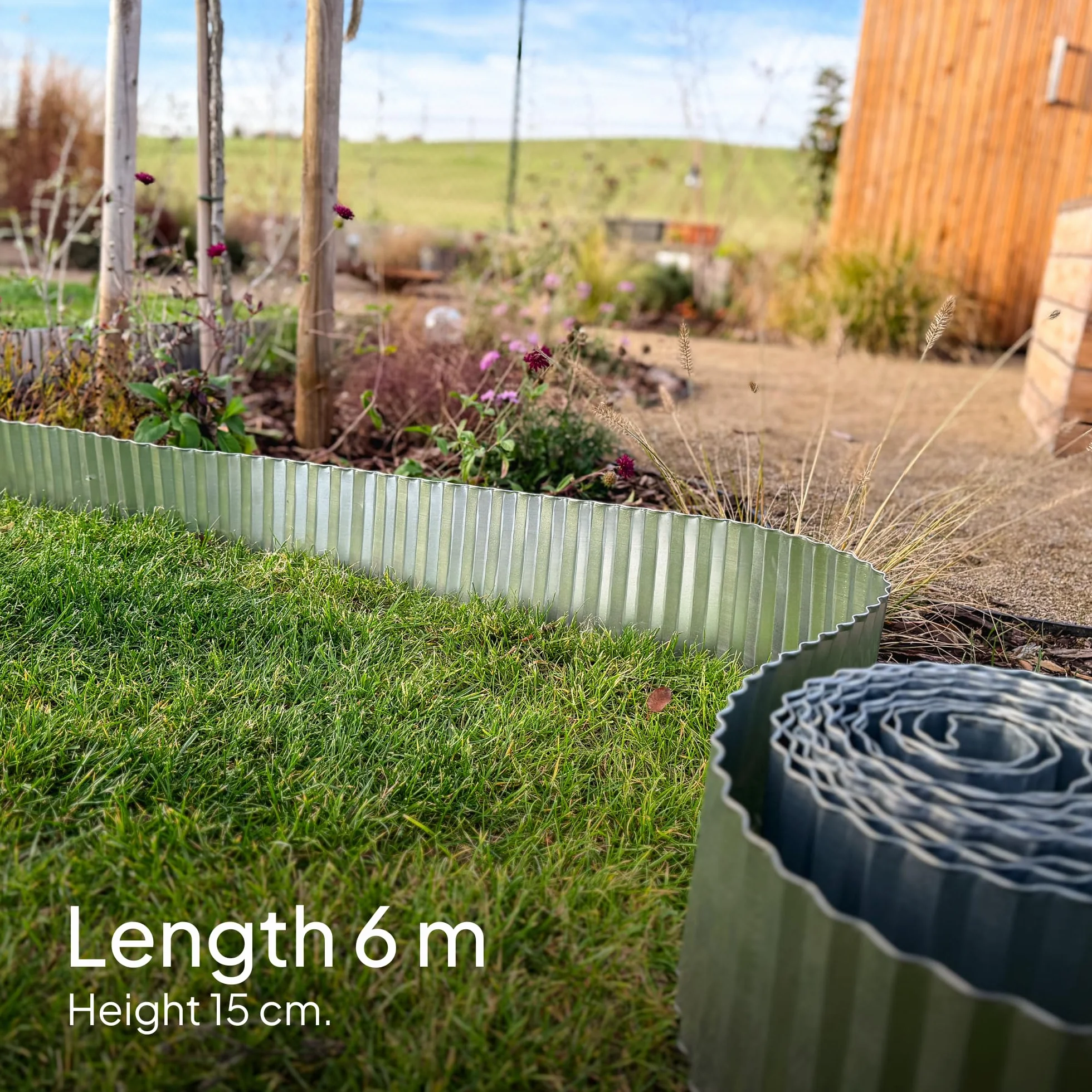 UNIGARDIA Obrzeże Trawnikowe Ocynkowane 6 m – Metalowe Obrzeże Rabat, Wysokość 15 cm – Łatwy Montaż, Odporne na Rdzę i Trwałe – Elastyczne Obrzeże Rabatowe, 1 Para Rękawic Montażowych w Zestawie