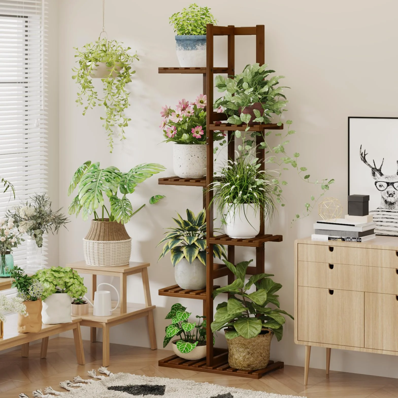 Bamworld Stojak Na Rośliny Regał Na Rośliny z Bambusa Wewnętrzny Regał Na Kwiaty, Mały Metalowy Stojak Na Kwiaty Do Tarasu, Ogródku(Czarna Herbata, 6 Poziomów)